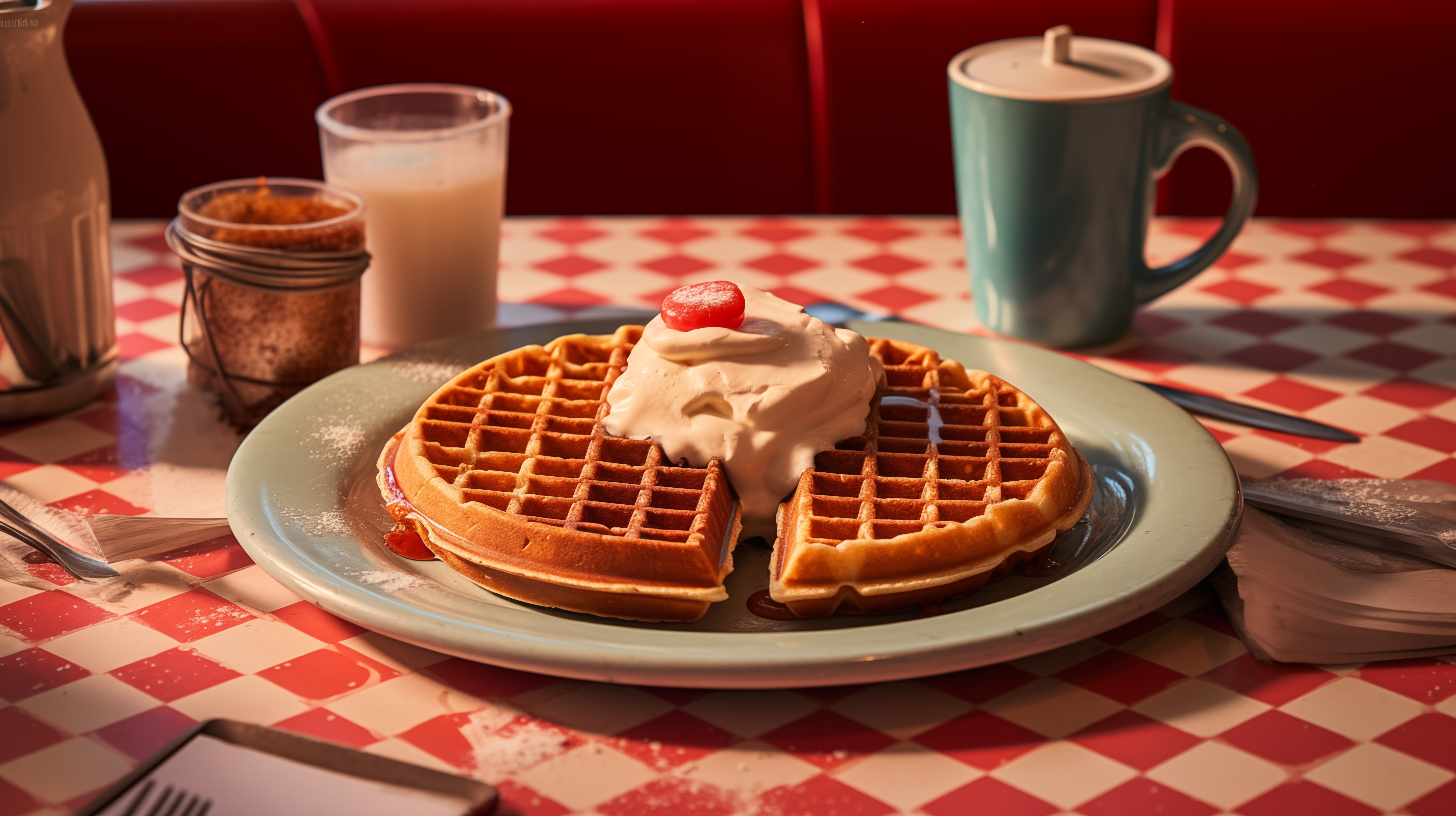HD desktop wallpaper of freshly served waffle with creamy topping on a diner table with checkered tablecloth, accompanied by a mug and glass of milk.