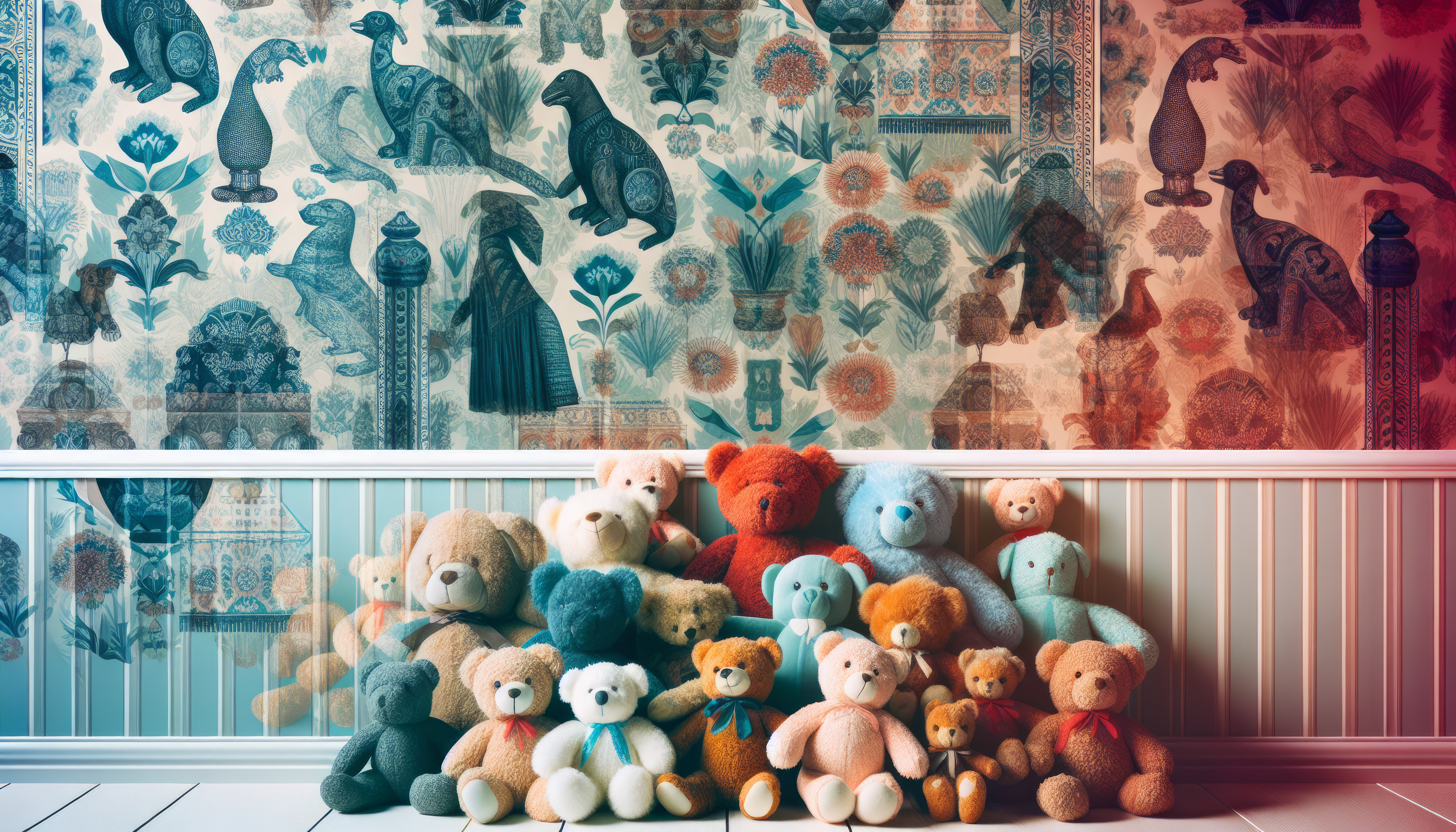 A collection of colorful stuffed teddy bears in front of a vintage bird pattern wallpaper, ideal for HD desktop background.