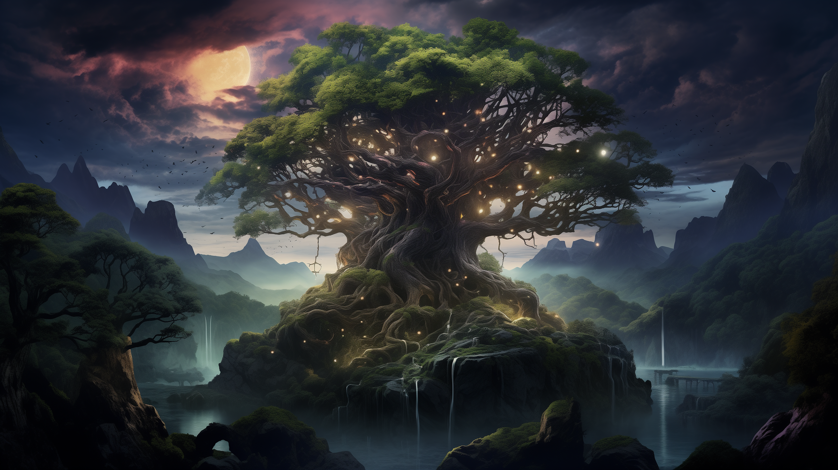 HD wallpaper of mythical Yggdrasil tree with glowing lights and cascades set against a mystical landscape background.