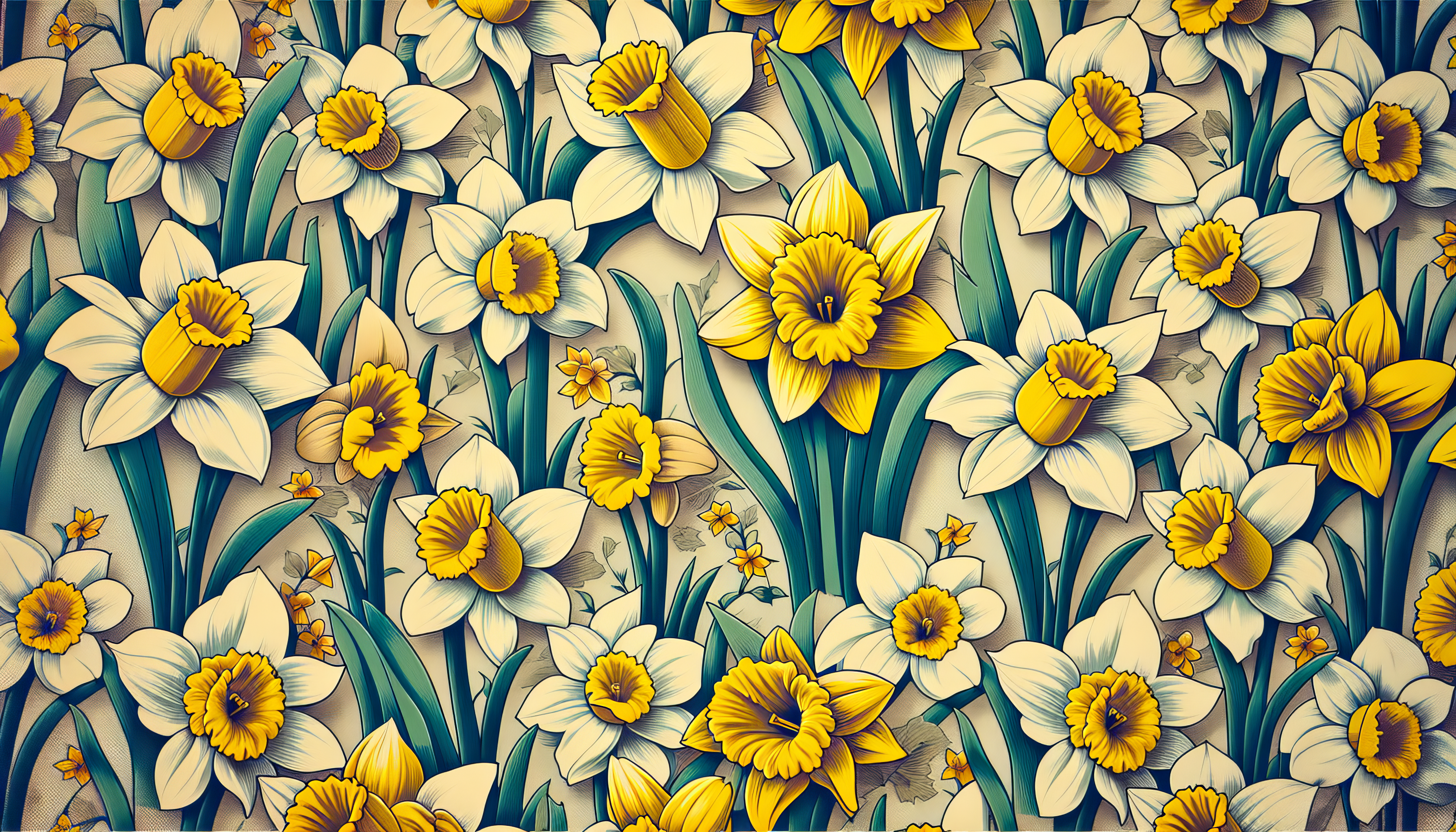 HD wallpaper featuring a vibrant pattern of daffodils for a desktop background with a vintage feel.