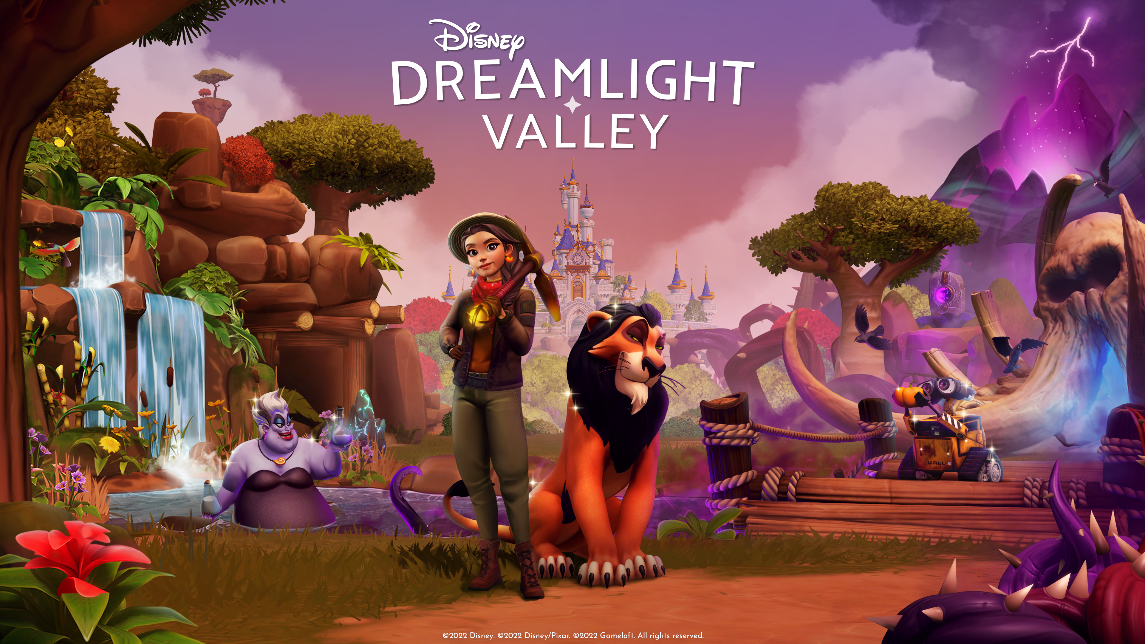 Disney Dreamlight Valley HD desktop wallpaper featuring animated characters with a magical castle in the background.