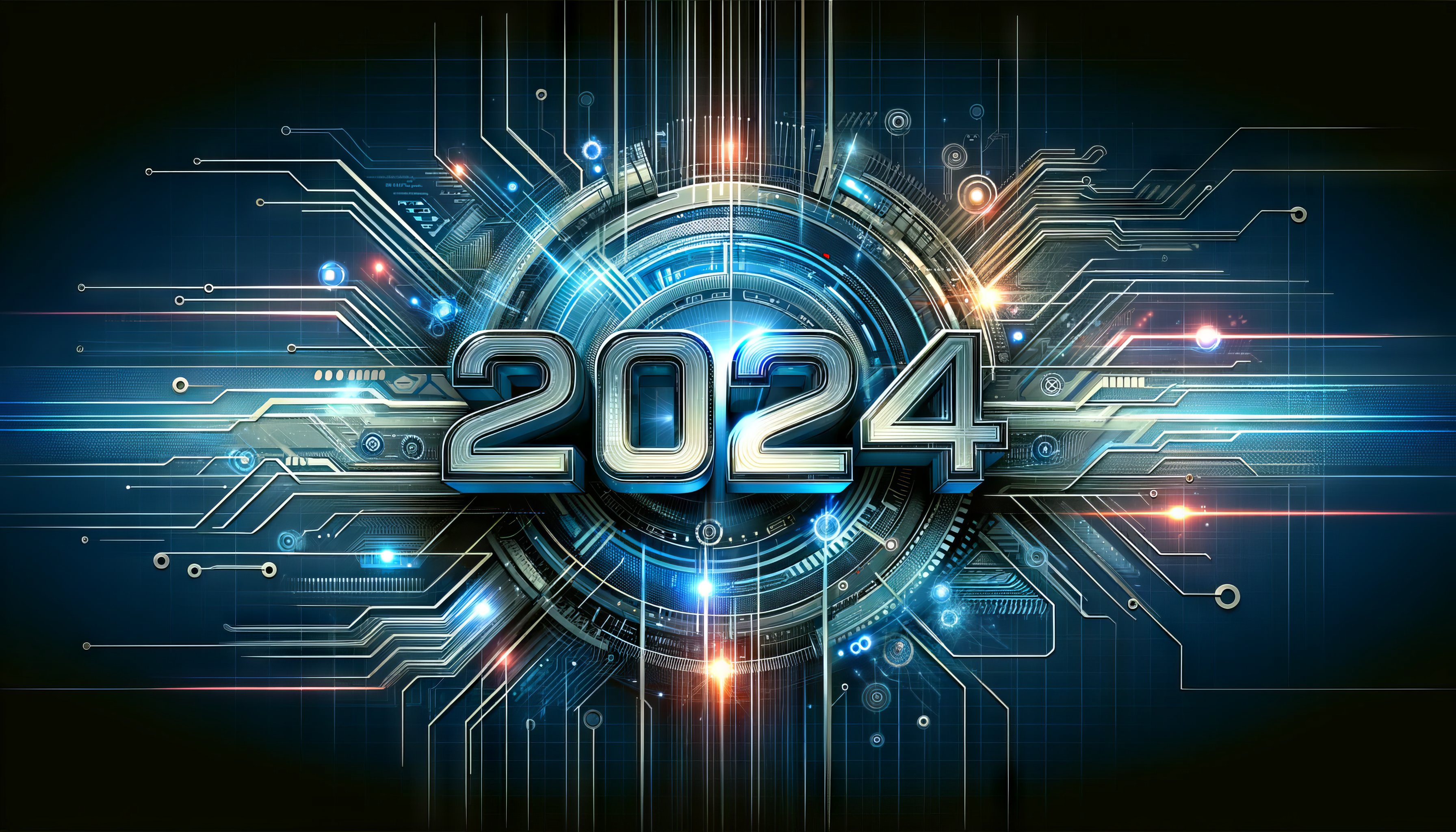 HD desktop wallpaper featuring futuristic circuit board design with glowing 2024 numerals for technology-themed background.