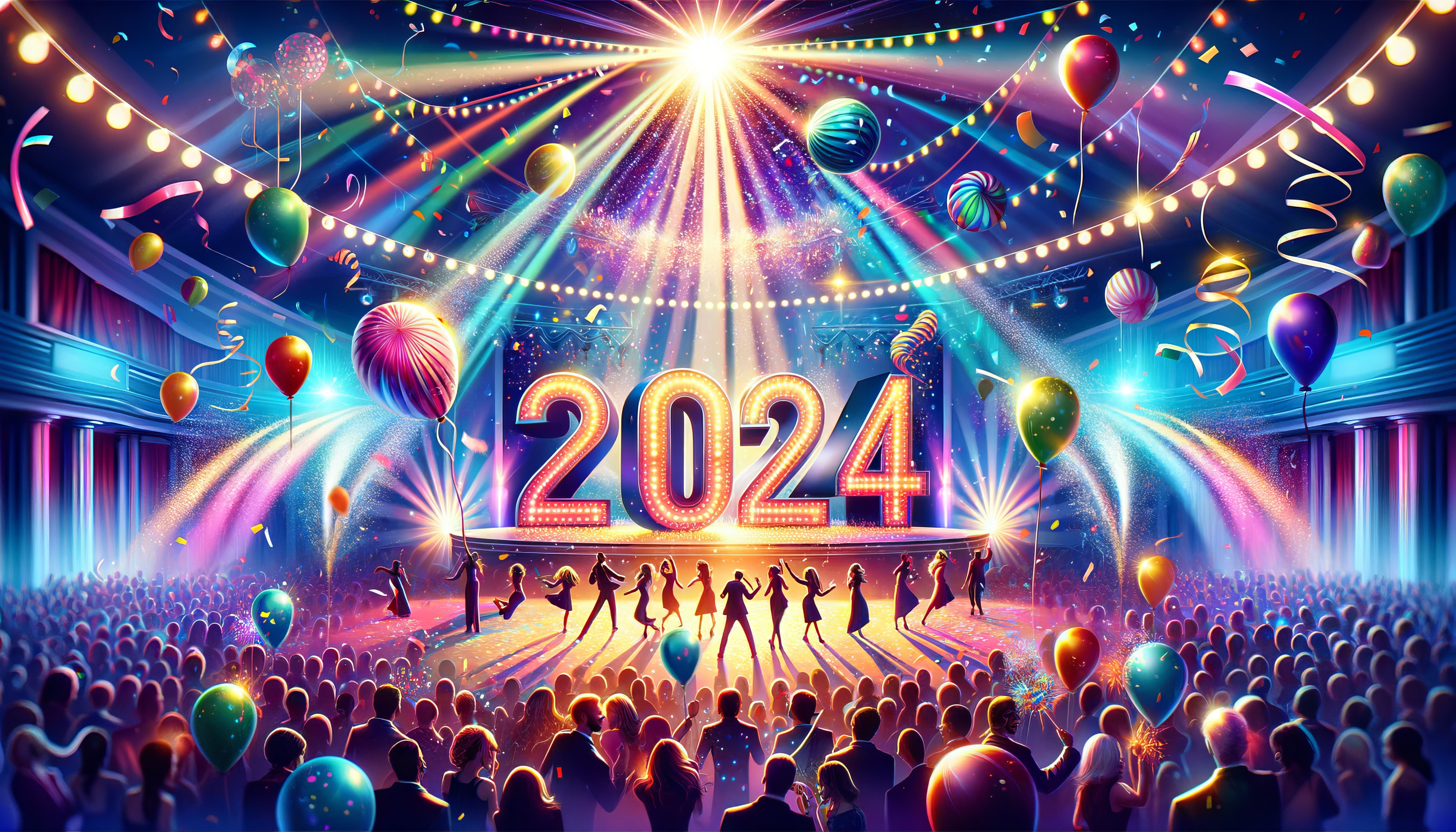 HD wallpaper of a vibrant New Year 2024 celebration with sparkling lights, balloons, and a festive crowd.