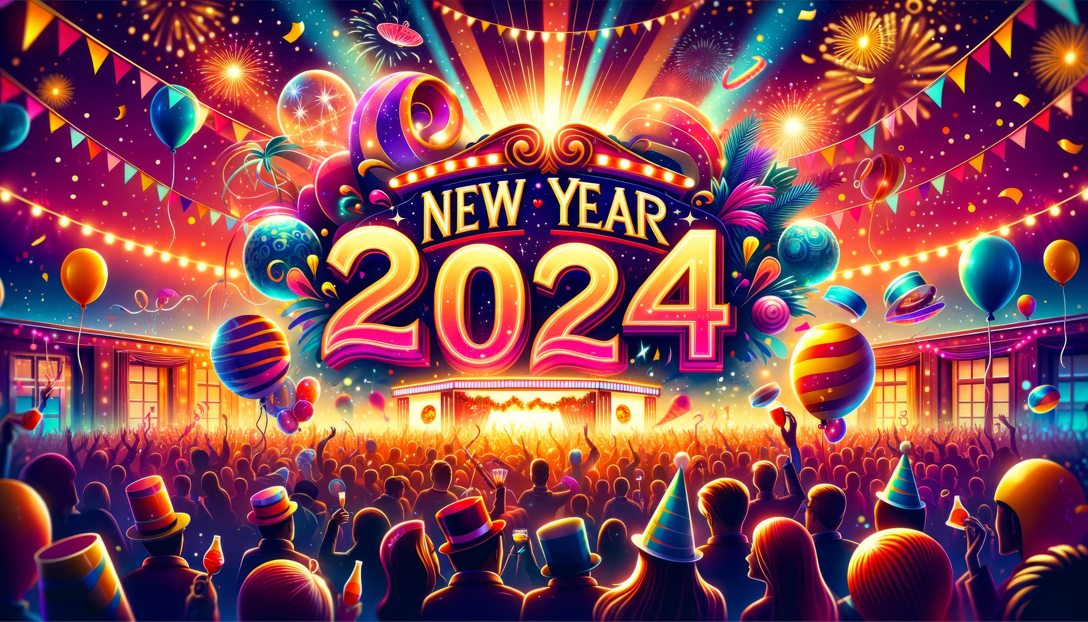 Colorful New Year 2024 celebration HD desktop wallpaper featuring festive fireworks, balloons, and a cheering crowd.