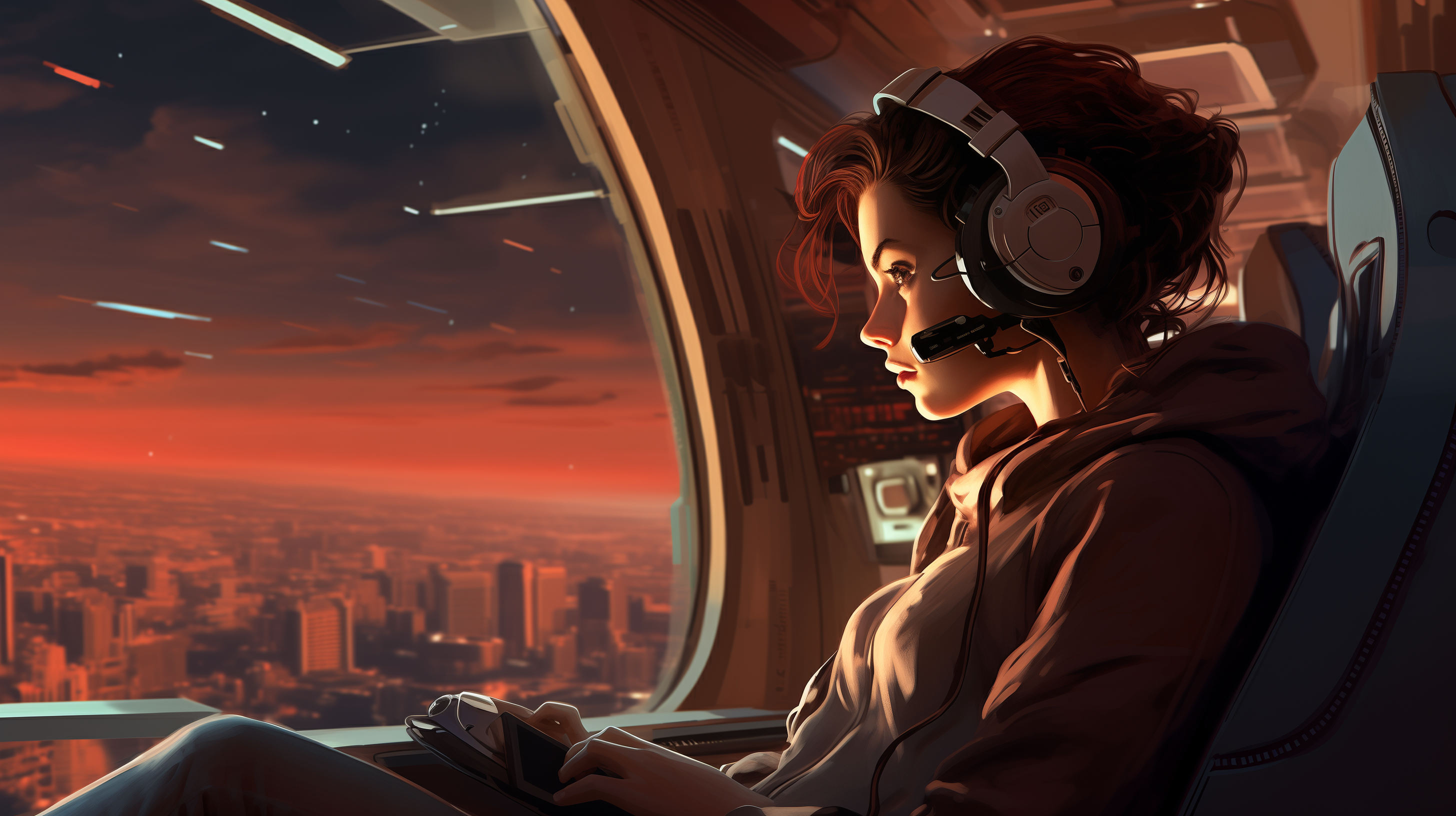 Woman with Headphones Enjoying Sunset Lo Fi HD Wallpaper by