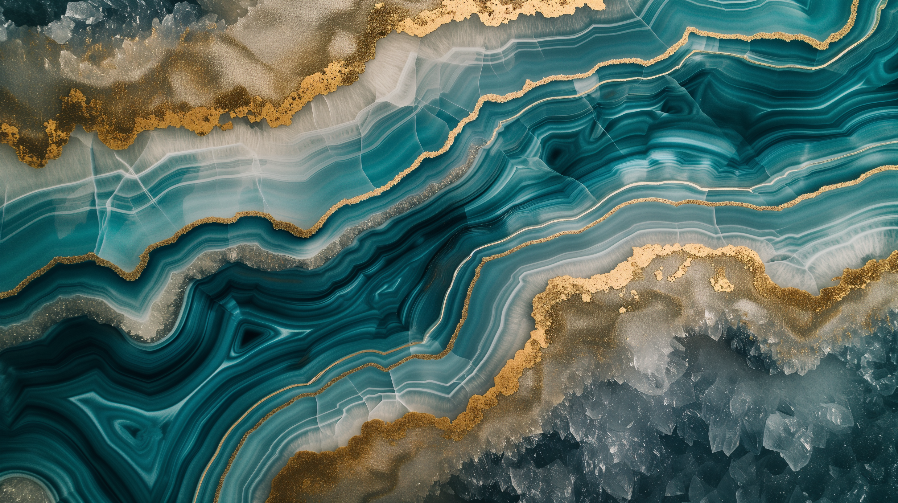 HD wallpaper of a geode with intricate blue and gold layers ideal for desktop background.