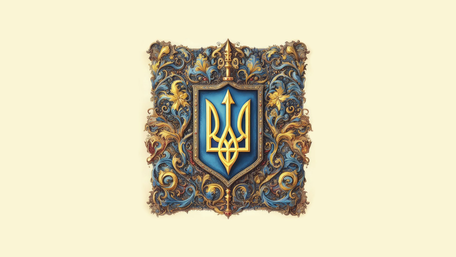 3D ornate Ukrainian coat of arms with gold and blue details on a beige background, rendered in stunning 4K Ultra HD for PC desktop wallpaper.