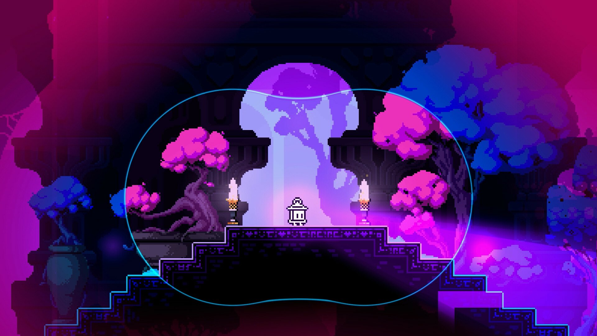 HD desktop wallpaper featuring a mystical KarmaZoo scene with a glowing purple orb, stylized trees, and ancient ruins.