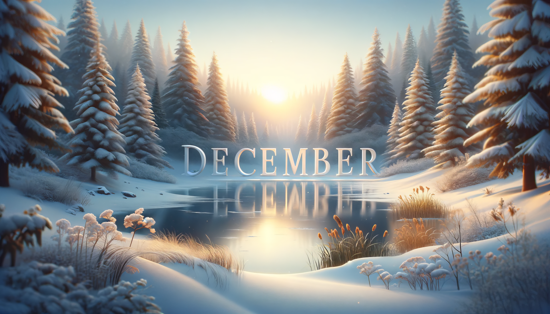 Winter scene HD wallpaper with snowy pine trees around a calm lake at sunset and 'December' text.
