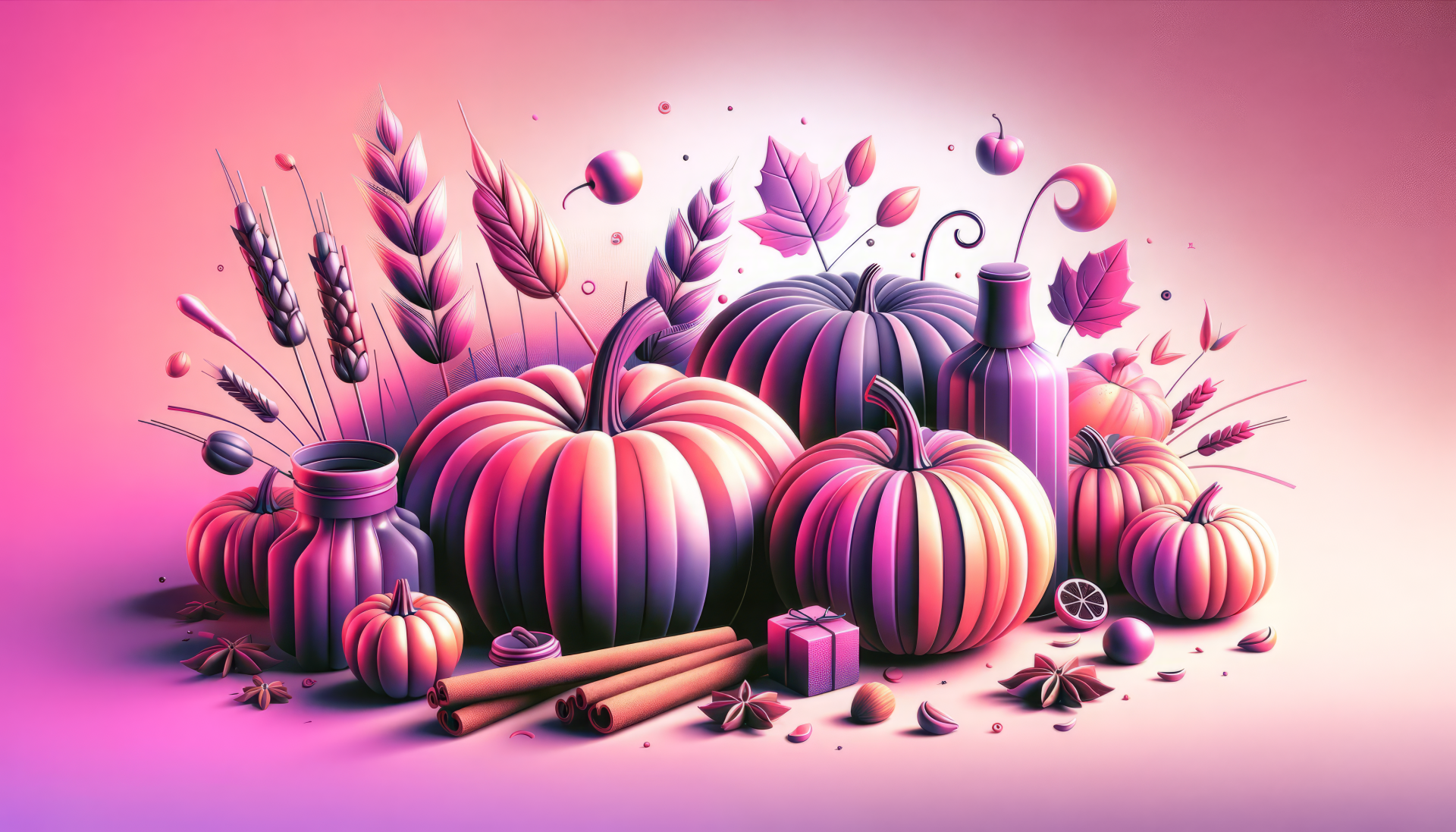 Vibrant autumn-themed desktop wallpaper featuring stylized pumpkins, leaves, and spices in a warm gradient background.