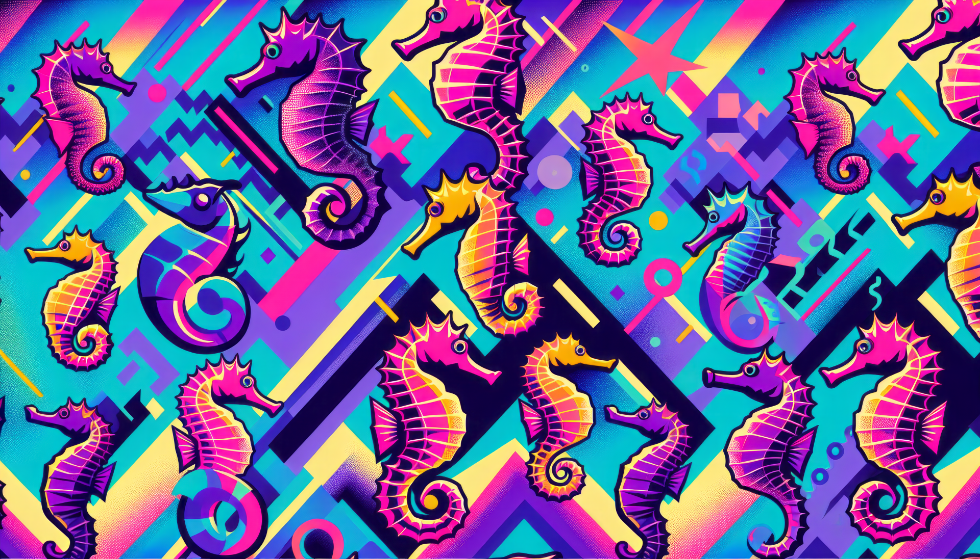 Colorful animated seahorse pattern desktop wallpaper with vibrant geometric background.