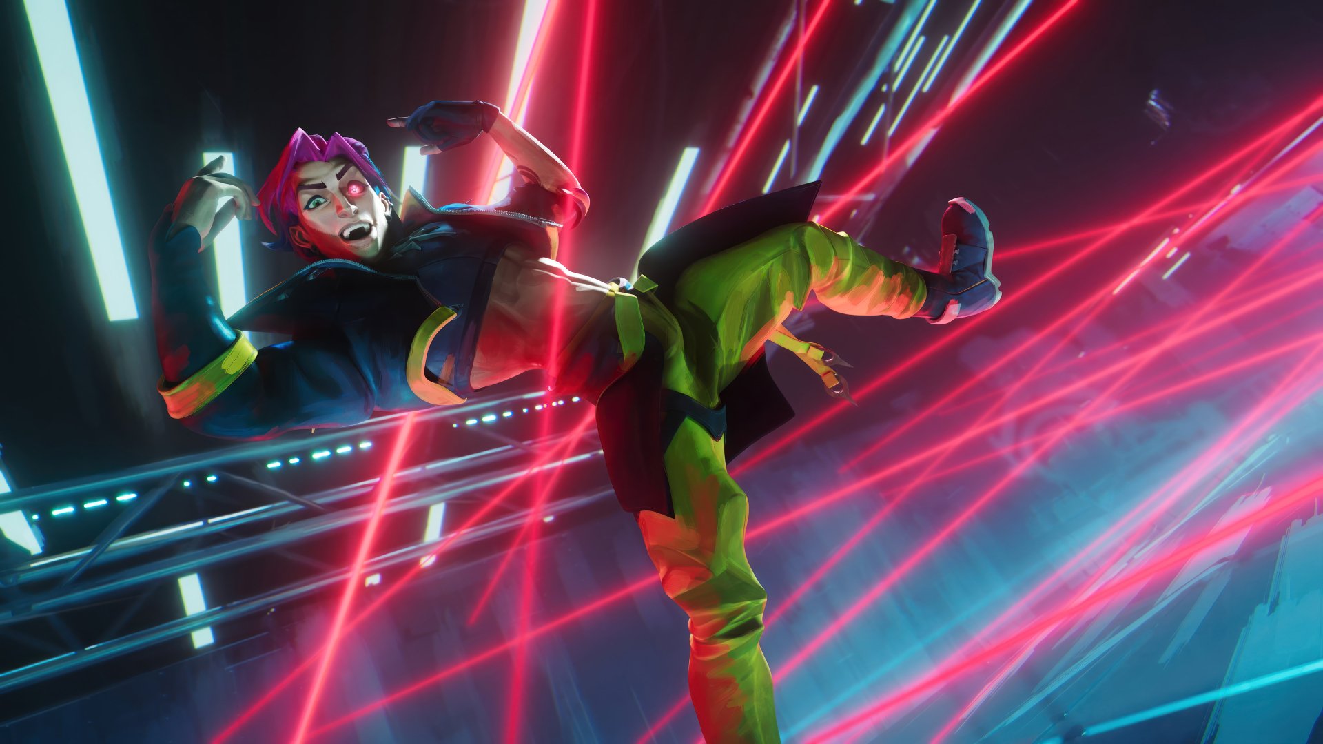 HD wallpaper of Kayn from League of Legends, wielding Heartsteel with dynamic neon lighting effects in the background.