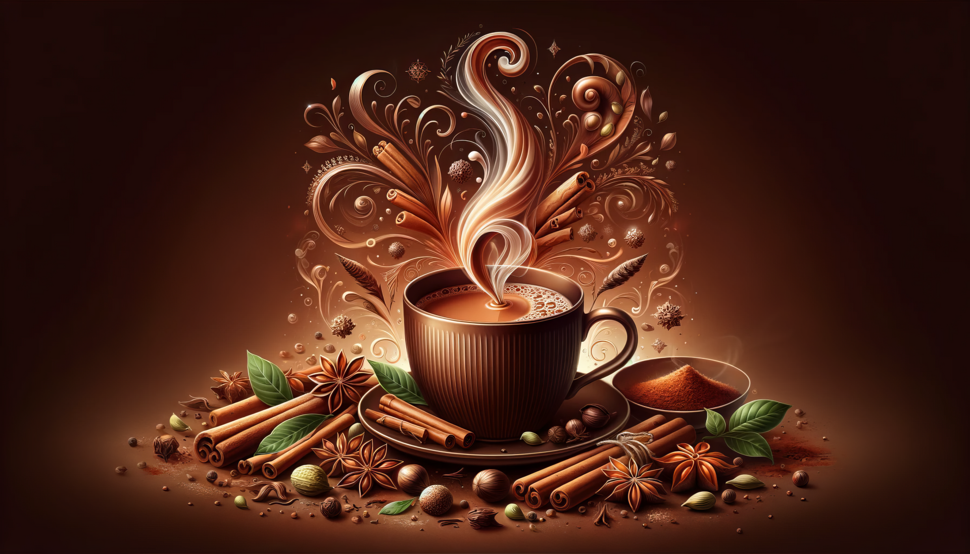 Artistic HD desktop wallpaper showcasing a steaming cup of chai tea surrounded by cinnamon sticks, star anise, and spices on a warm, brown background.