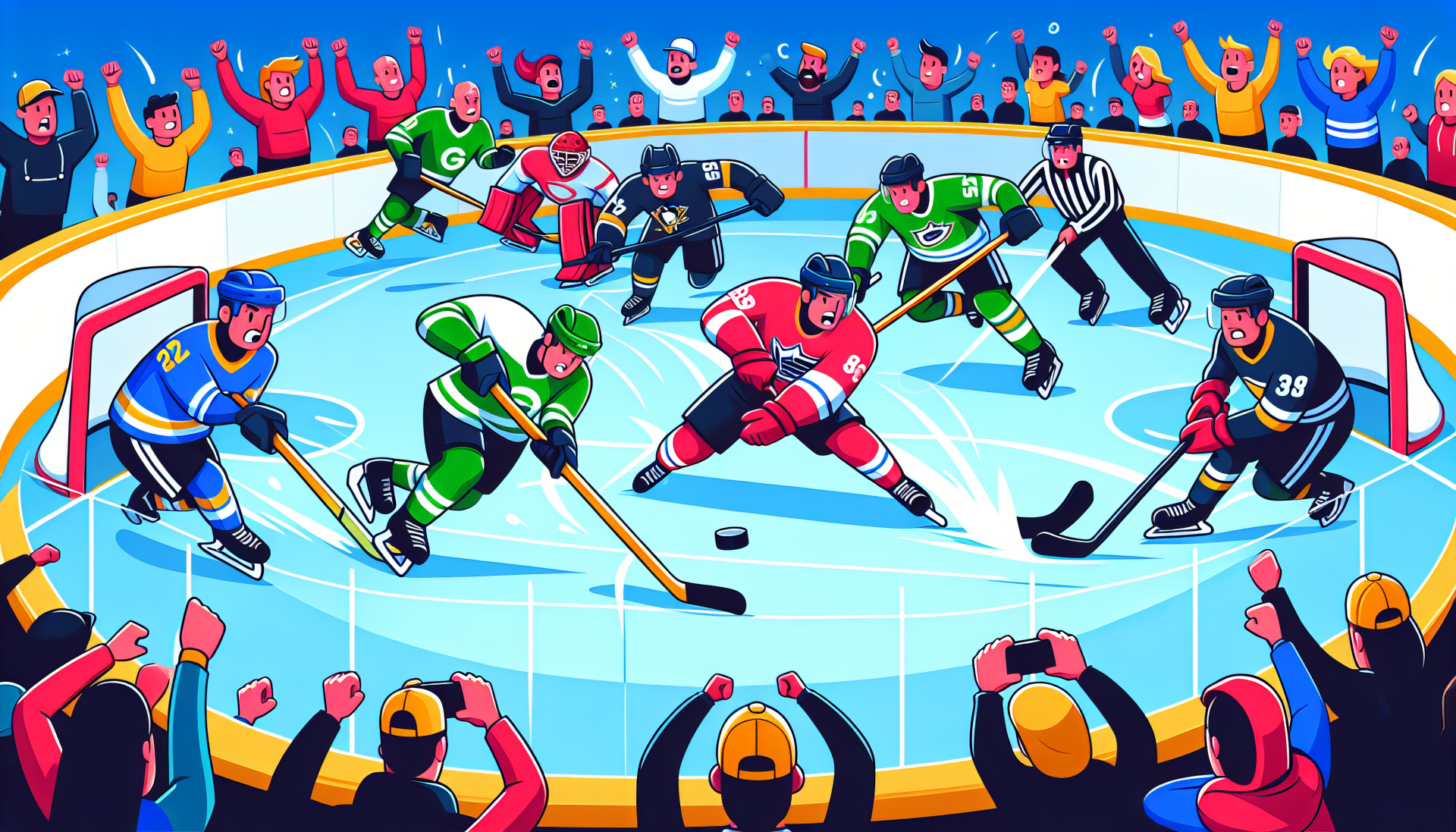 Vibrant HD hockey desktop wallpaper featuring animated players in action on the ice with enthusiastic crowd in the background.