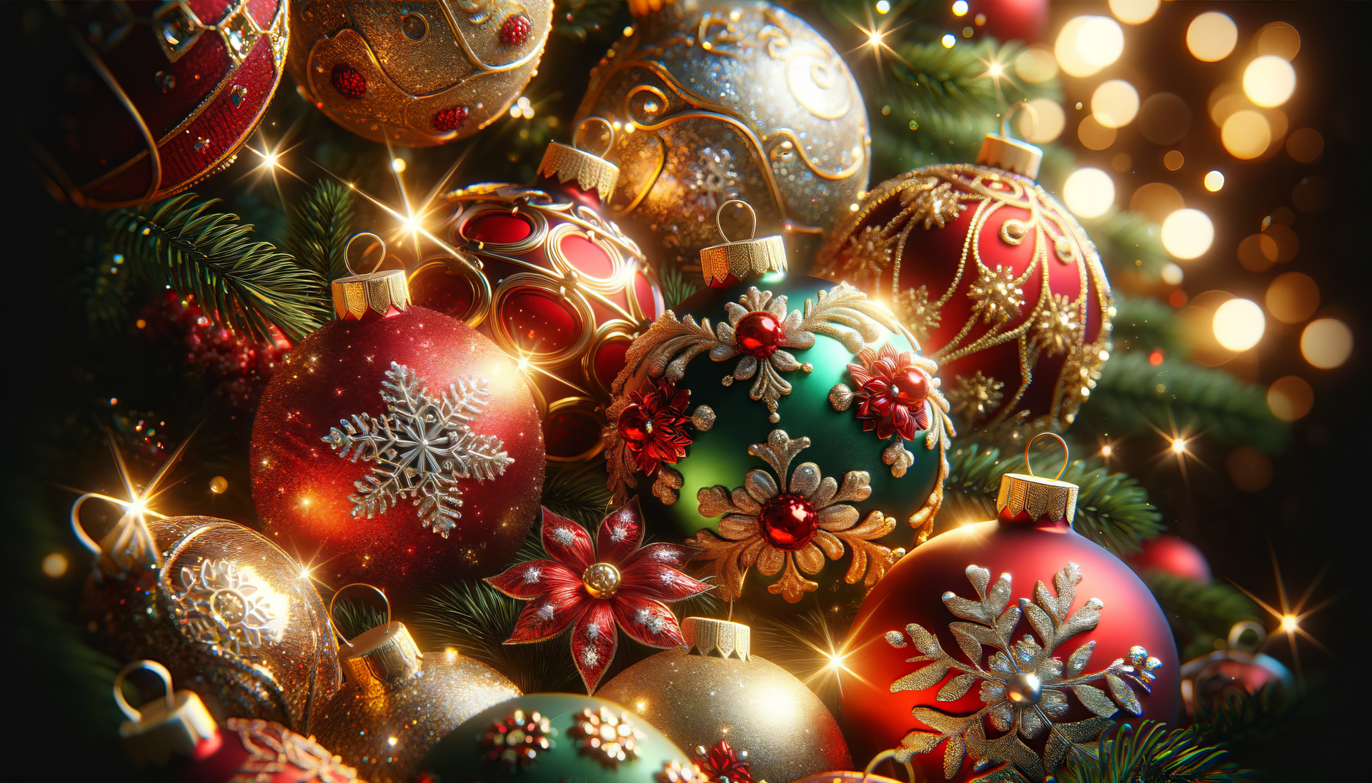 A vibrant collection of beautifully decorated Christmas ornaments, glimmering with lights, creates a festive atmosphere in this HD desktop wallpaper.