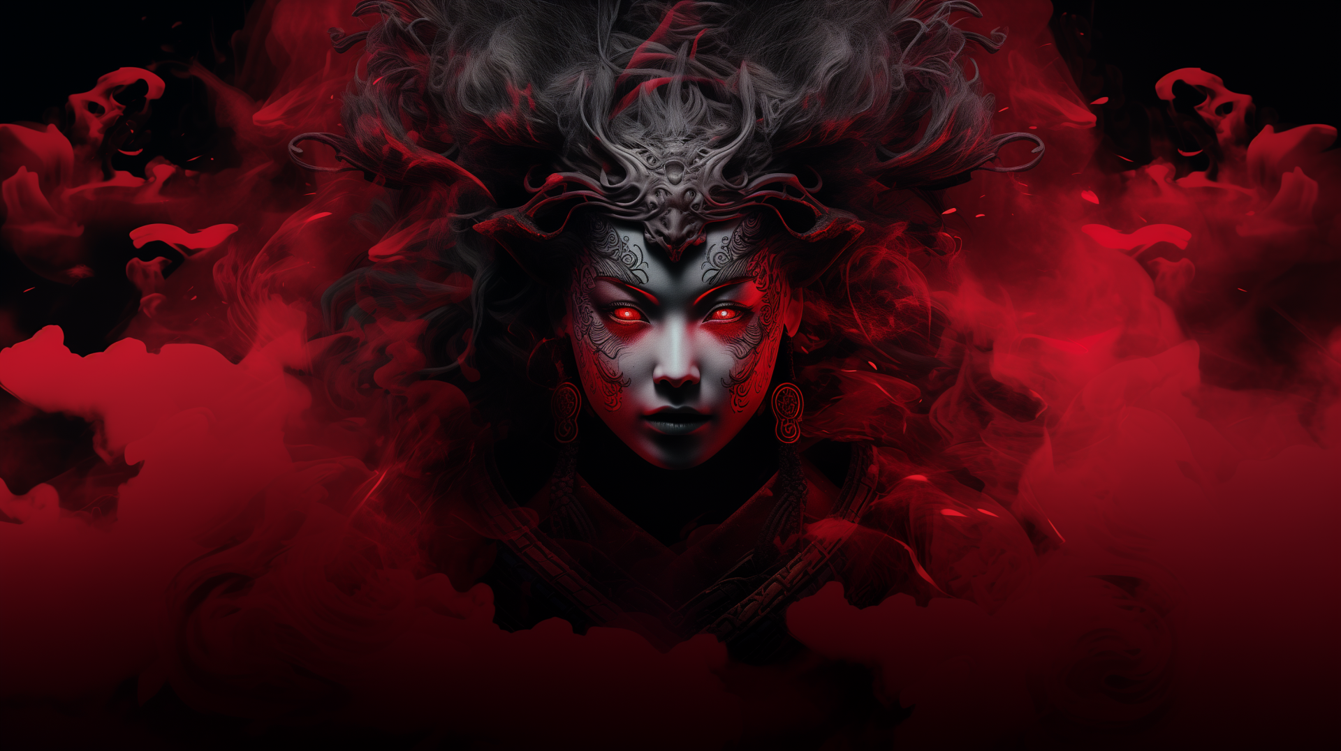 Dark-style HD PC wallpaper of a fierce samurai with glowing red eyes, surrounded by smoky red hues, created with AI art in a powerful Red Smode theme.