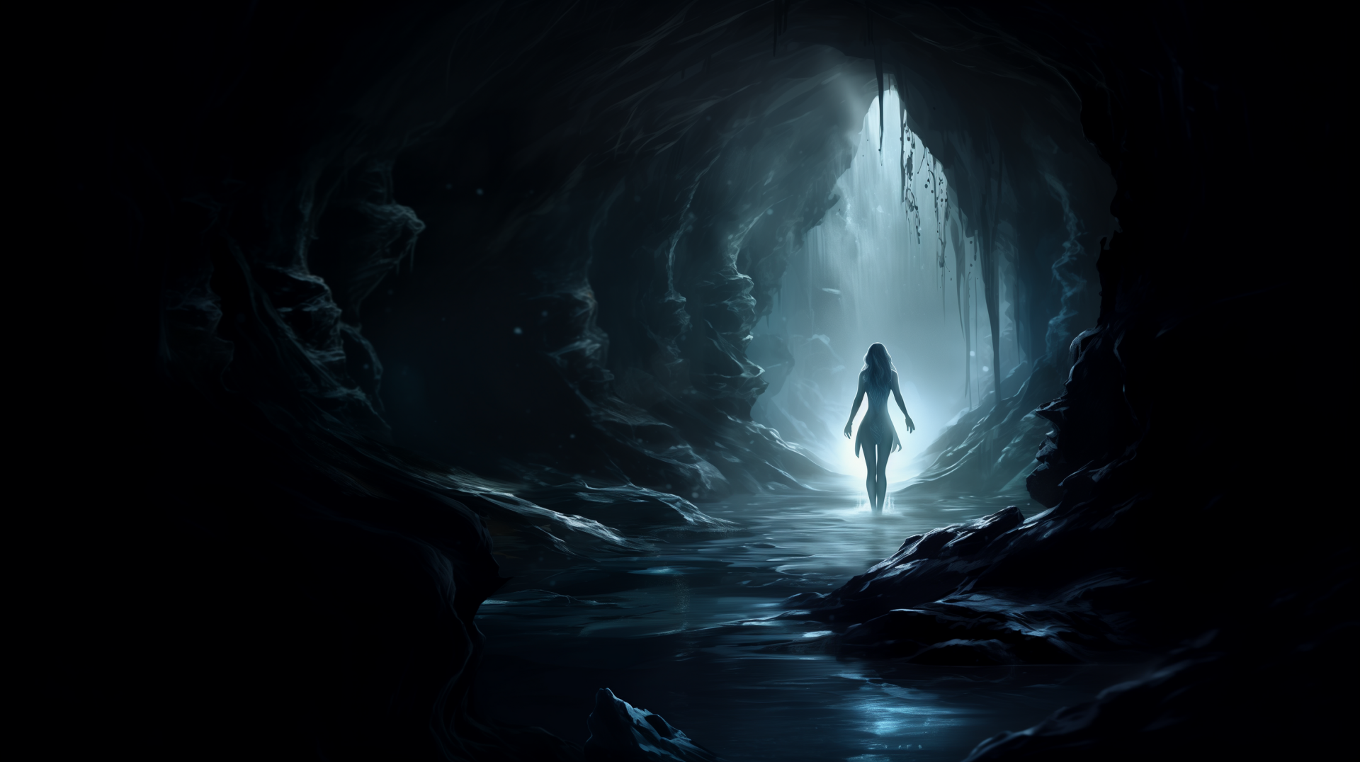 A girl stands in a dark, fantastic water cave illuminated by soft, ethereal light, creating a mysterious and immersive HD PC desktop wallpaper scene crafted by AI art.
