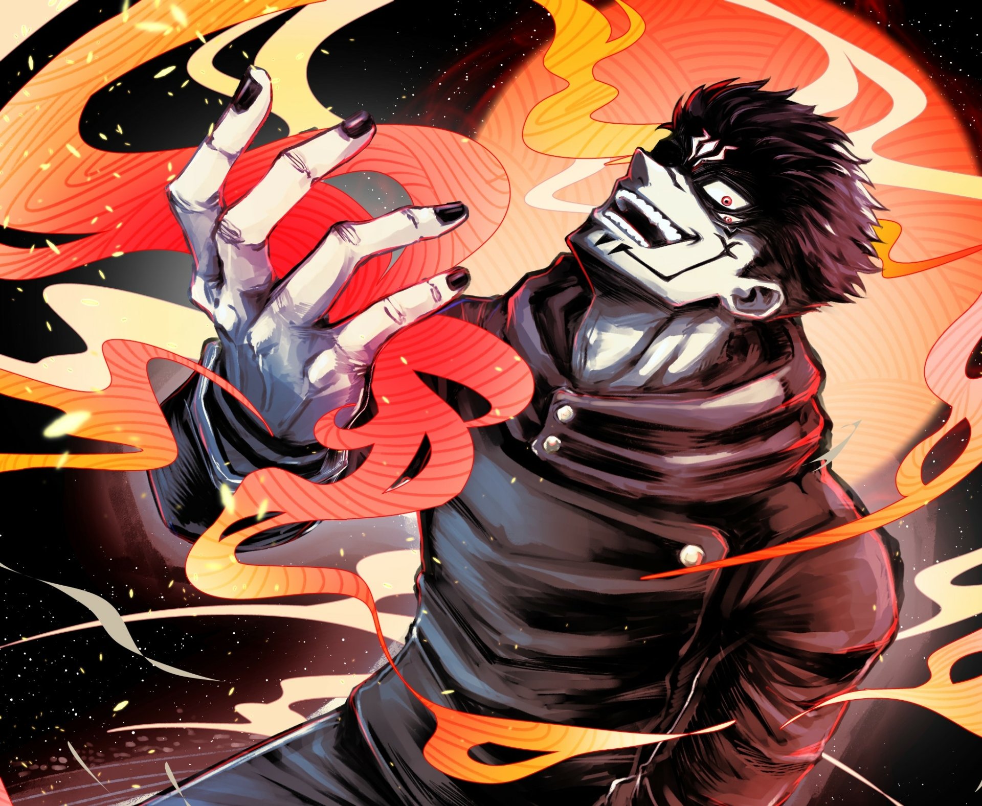 HD PC desktop wallpaper of Sukuna from Jujutsu Kaisen, featuring vibrant anime artwork with fiery red and orange flames surrounding the character.