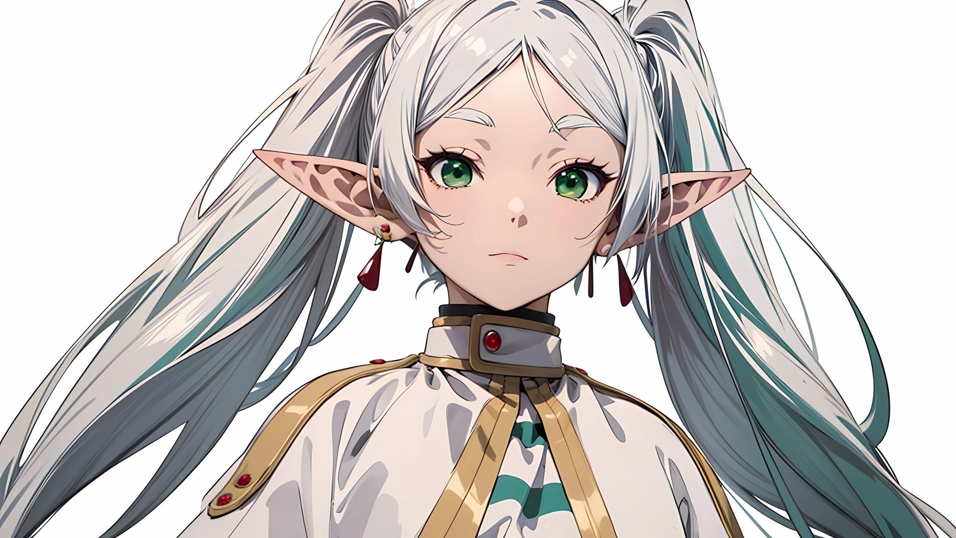 HD PC desktop wallpaper featuring Frieren from the anime Frieren: Beyond Journey's End, showcasing her detailed elf-like appearance with green eyes and silver hair.