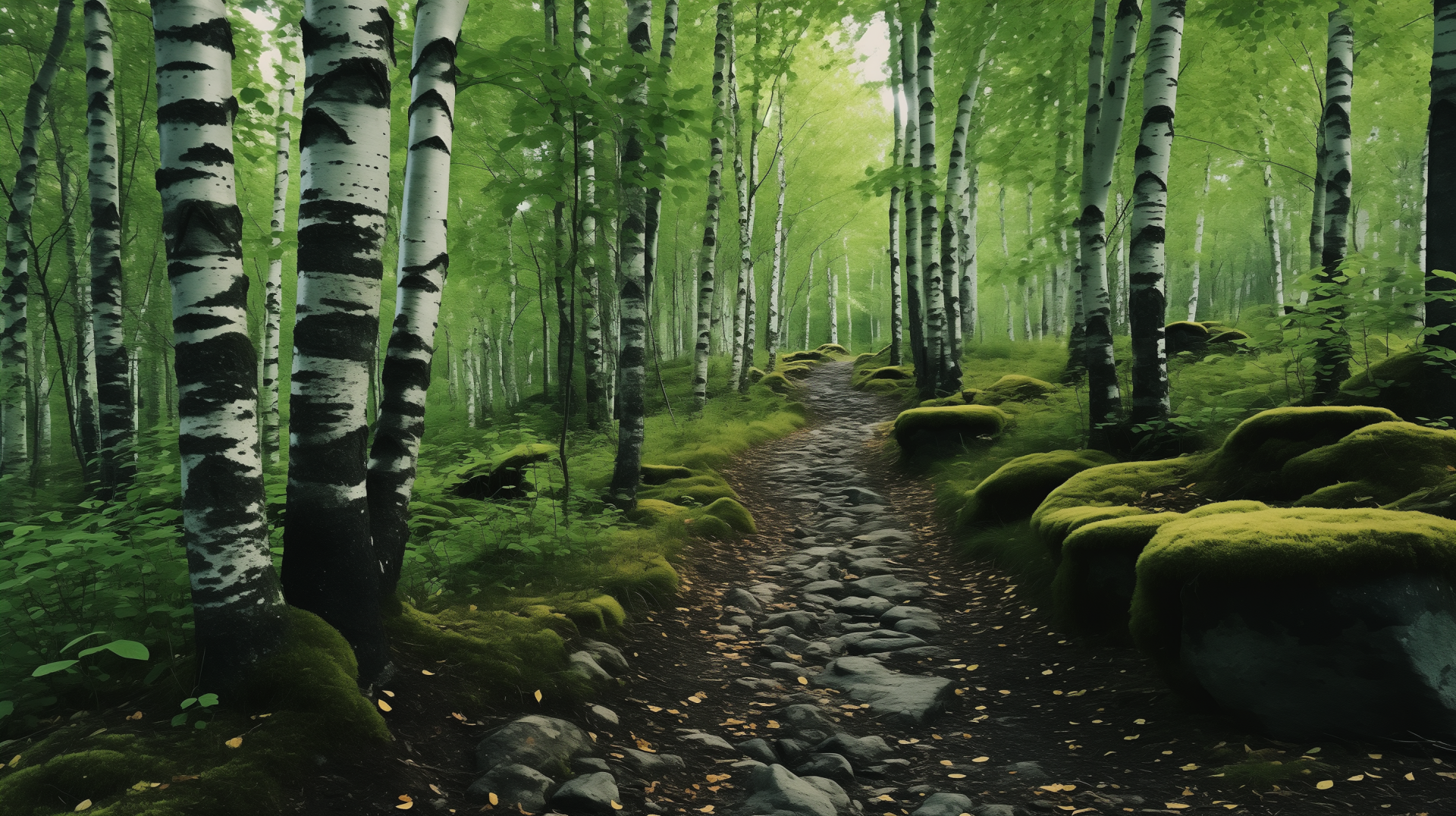 HD desktop wallpaper of a peaceful birch forest with a meandering path and moss-covered stones.