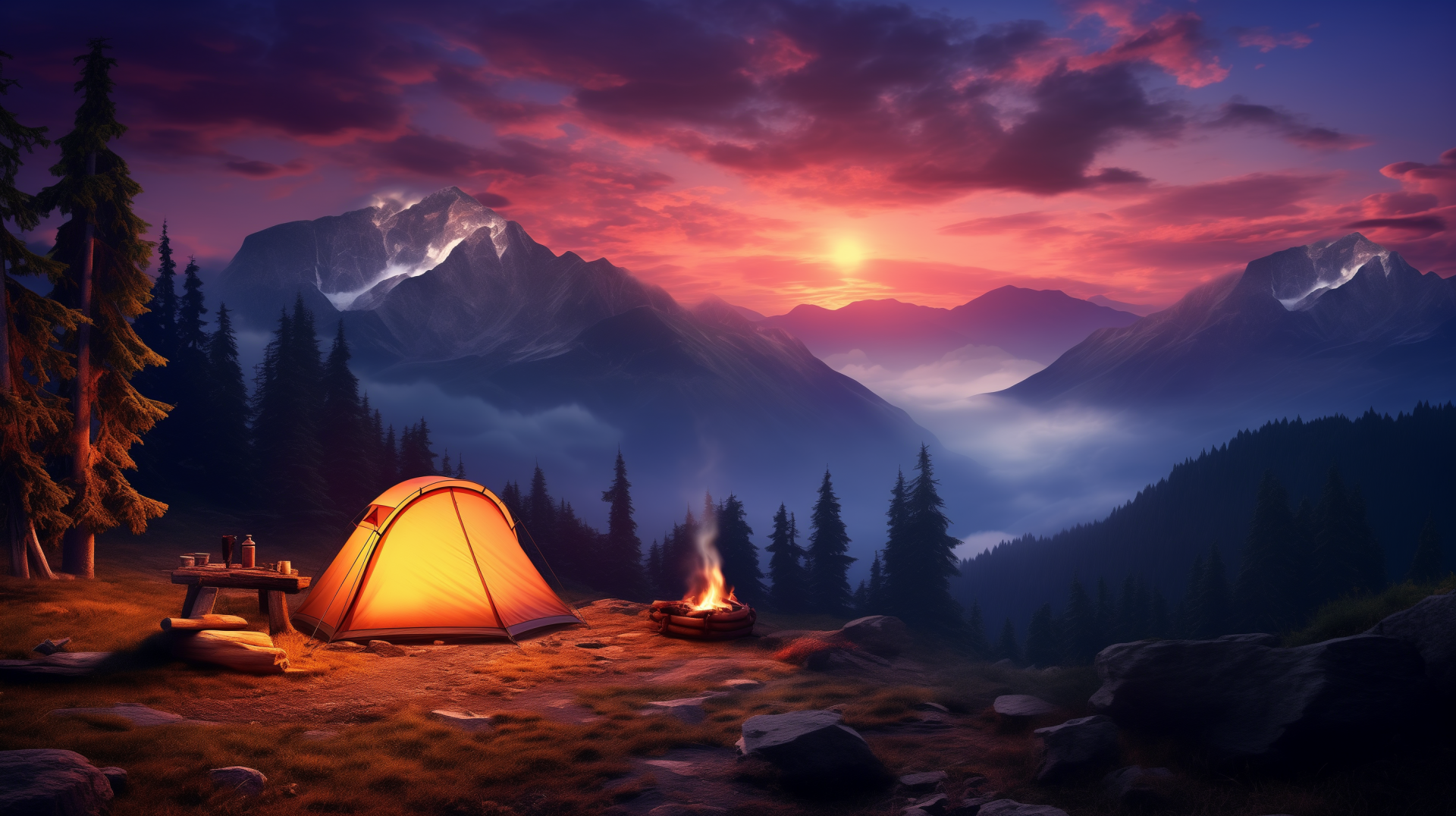 HD desktop wallpaper featuring a serene camping scene with a glowing tent and bonfire in the mountains at sunset.