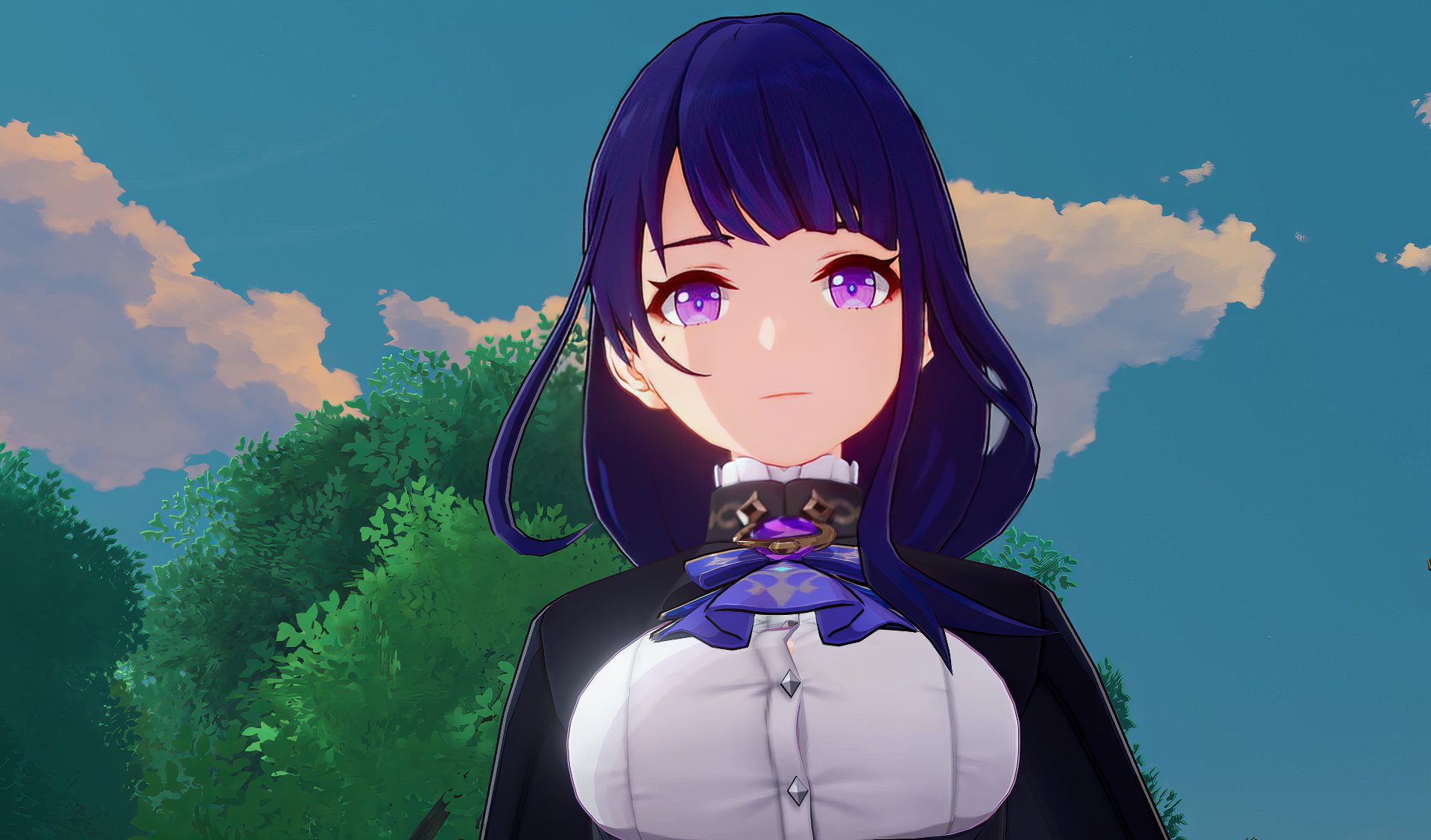 HD desktop wallpaper featuring Clorinde from Genshin Impact with an idyllic sky background.