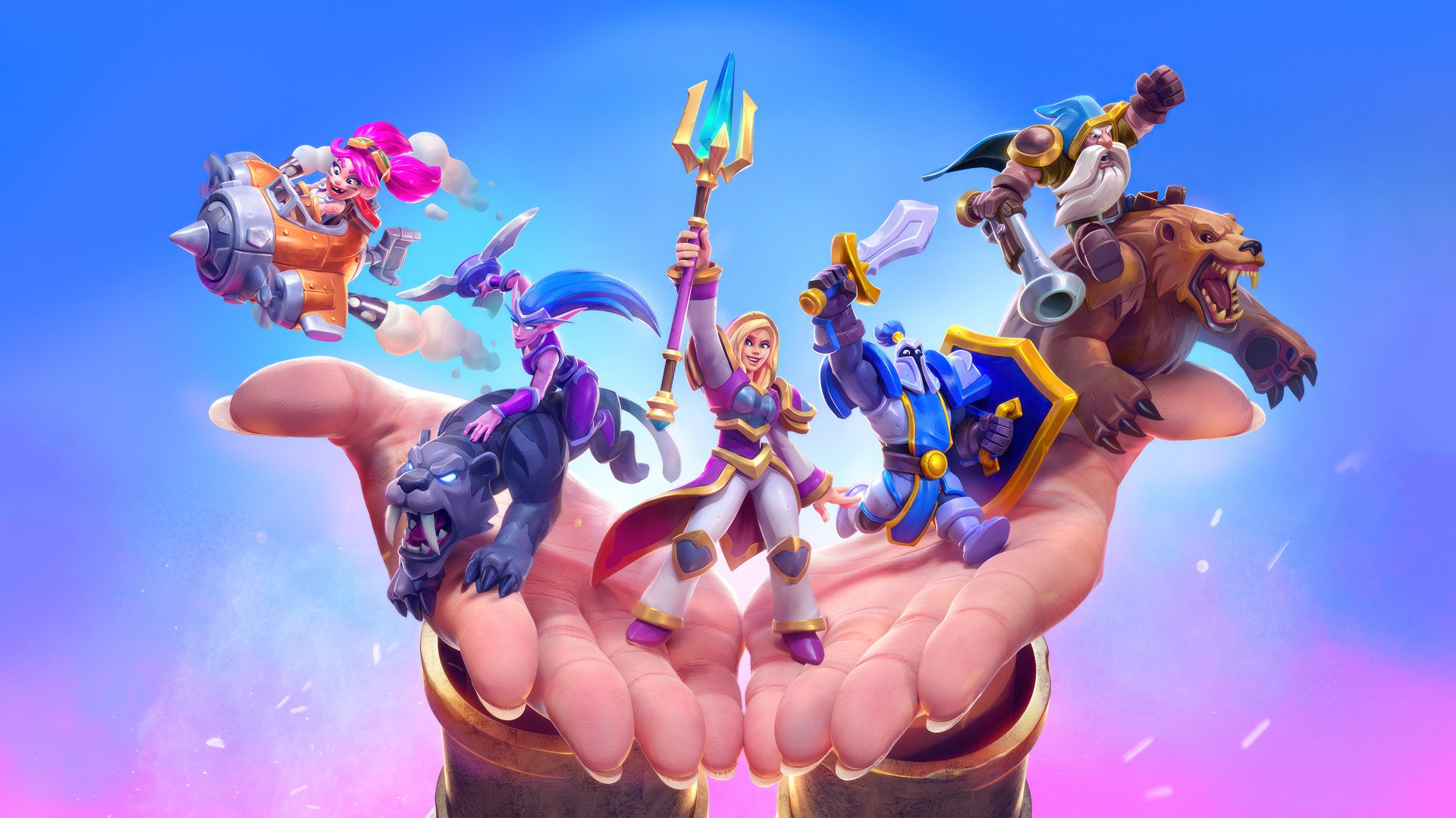 A vibrant HD wallpaper featuring characters from Warcraft Rumble, showcasing heroes and creatures in a dynamic display on an open hand against a soft blue and pink background.