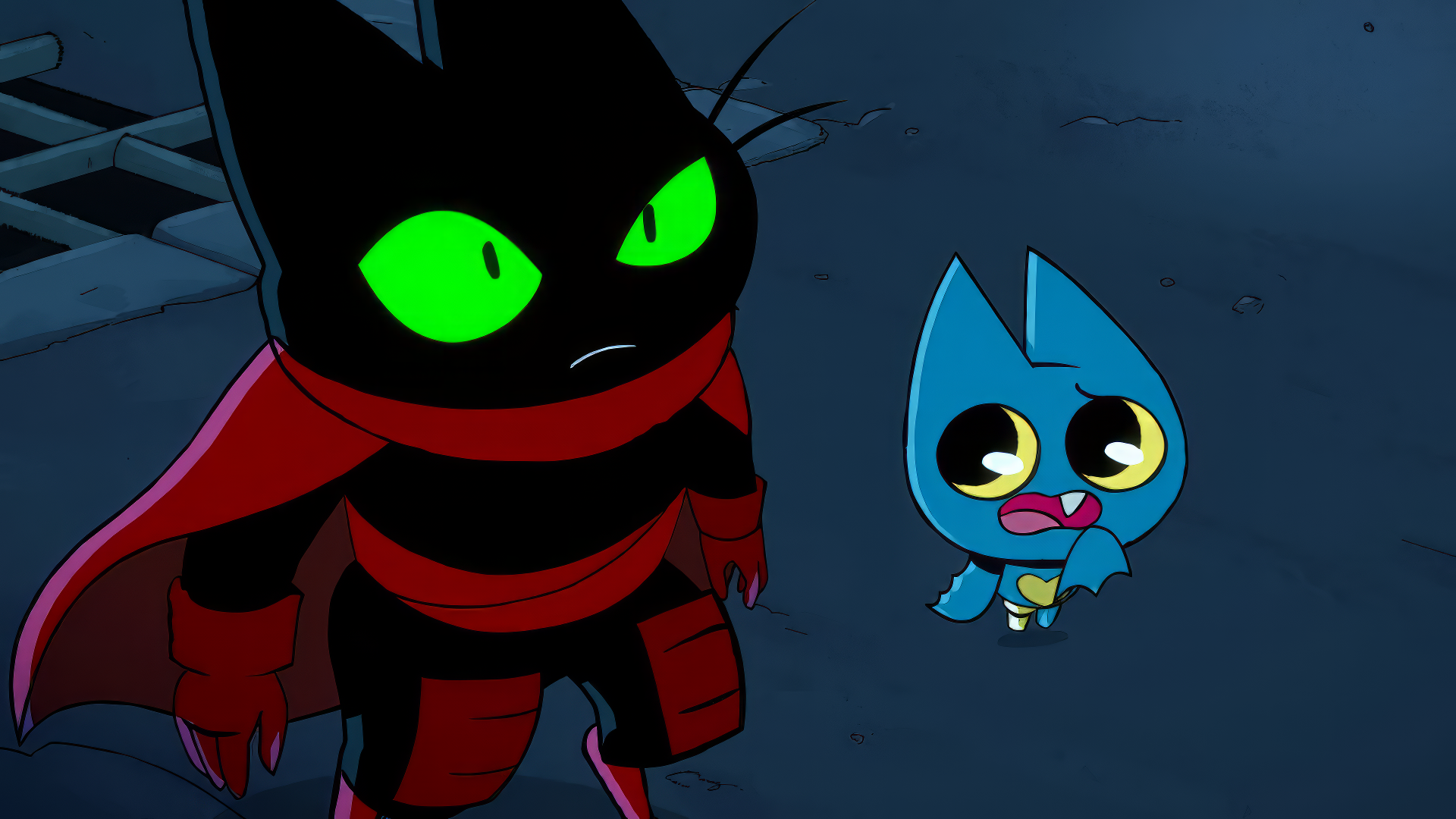 HD wallpaper featuring characters from Mao Mao: Heroes of Pure Heart, with a determined black cat-like hero in red and a worried blue creature against a dark background.
