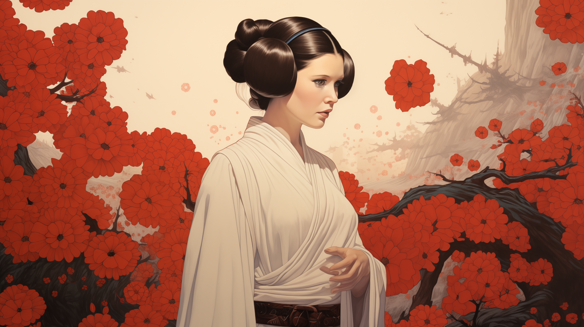 HD desktop wallpaper featuring an artistic interpretation of Princess Leia from Star Wars with a vibrant backdrop of red flowers.
