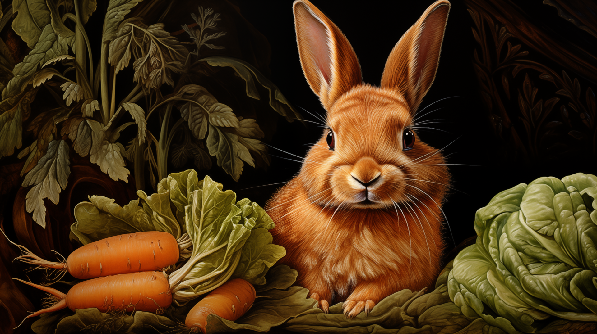 A charming rabbit sits among fresh carrots and leafy greens, creating a vibrant and engaging HD desktop wallpaper background.