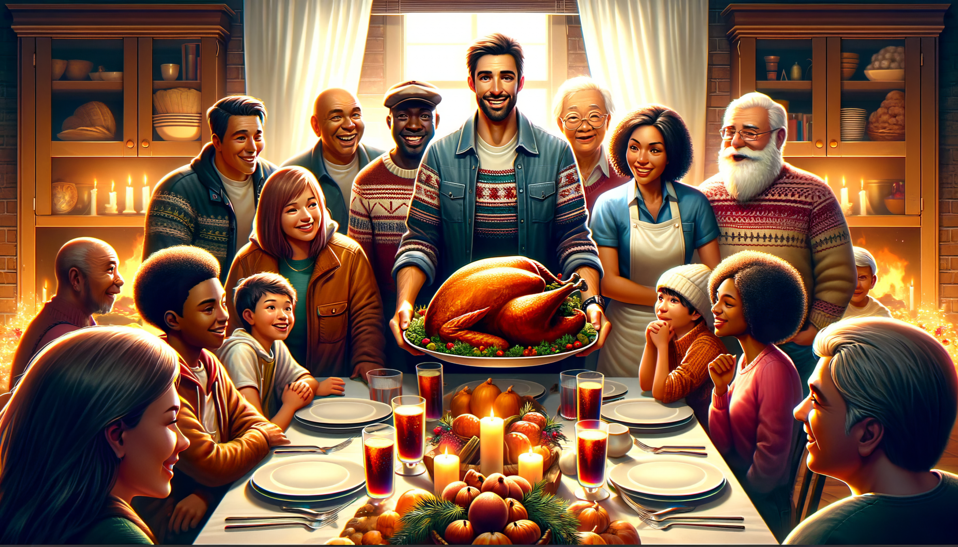 HD Thanksgiving-themed desktop wallpaper featuring a diverse group of people gathered around a dinner table with a roasted turkey centerpiece, symbolizing togetherness and gratitude.
