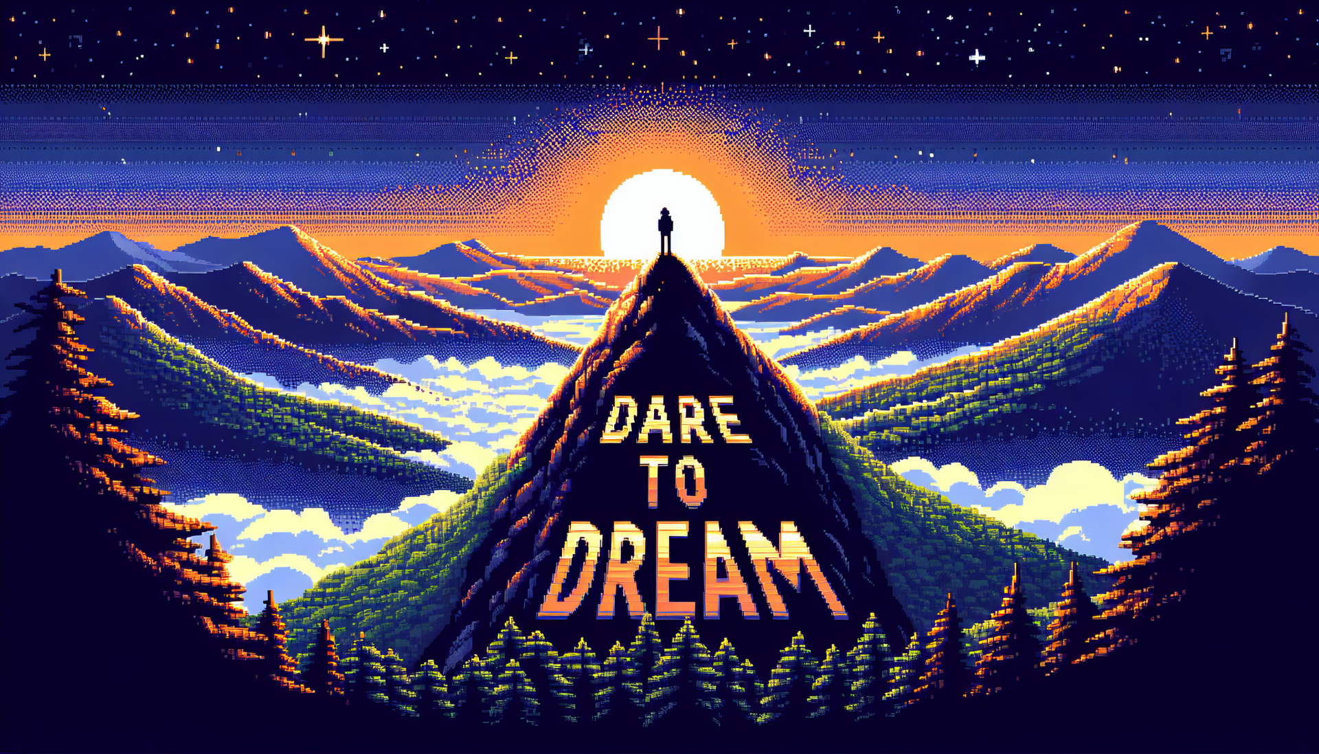 A vibrant HD wallpaper featuring a silhouette atop a mountain, with the sun rising behind. The bold text DARE TO DREAM inspires hope against a serene, colorful landscape.