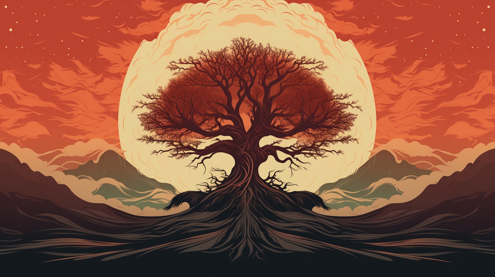 HD desktop wallpaper of Yggdrasil, the mythical tree, set against a large orange full moon with a vivid red and orange sky over mountain silhouettes.
