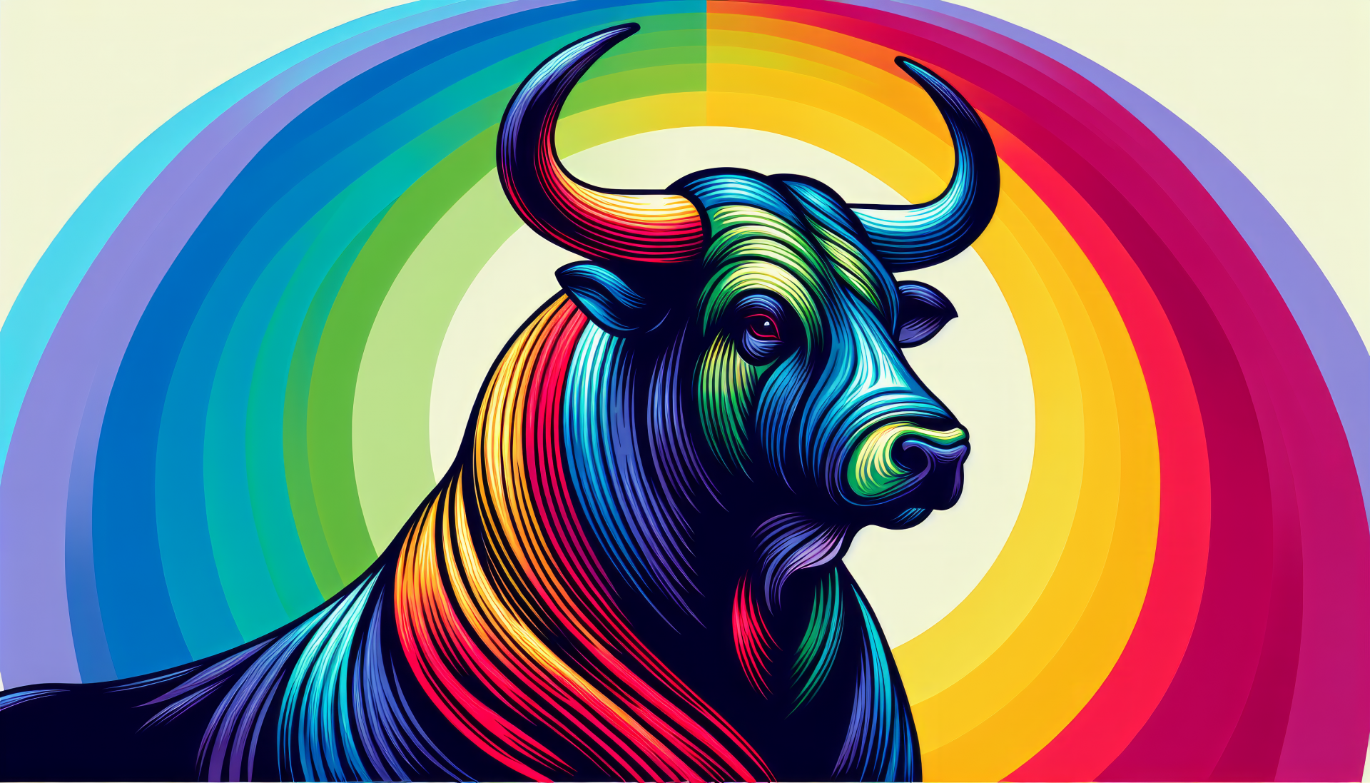 Colorful artistic bull illustration with rainbow background HD desktop wallpaper.