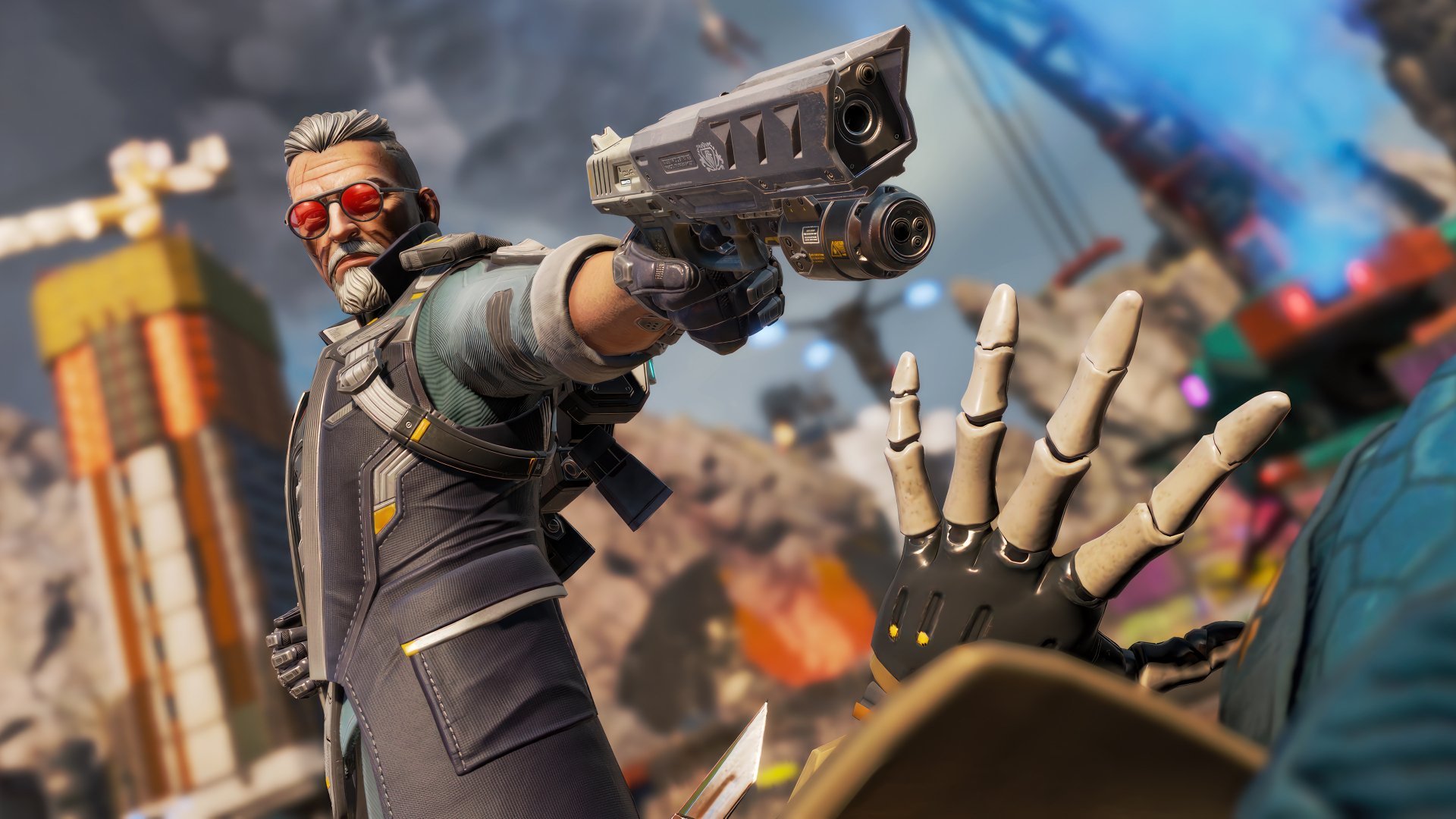 HD wallpaper of Ballistic from Apex Legends, featuring an action-packed pose with a futuristic handgun and robotic hand in the foreground.