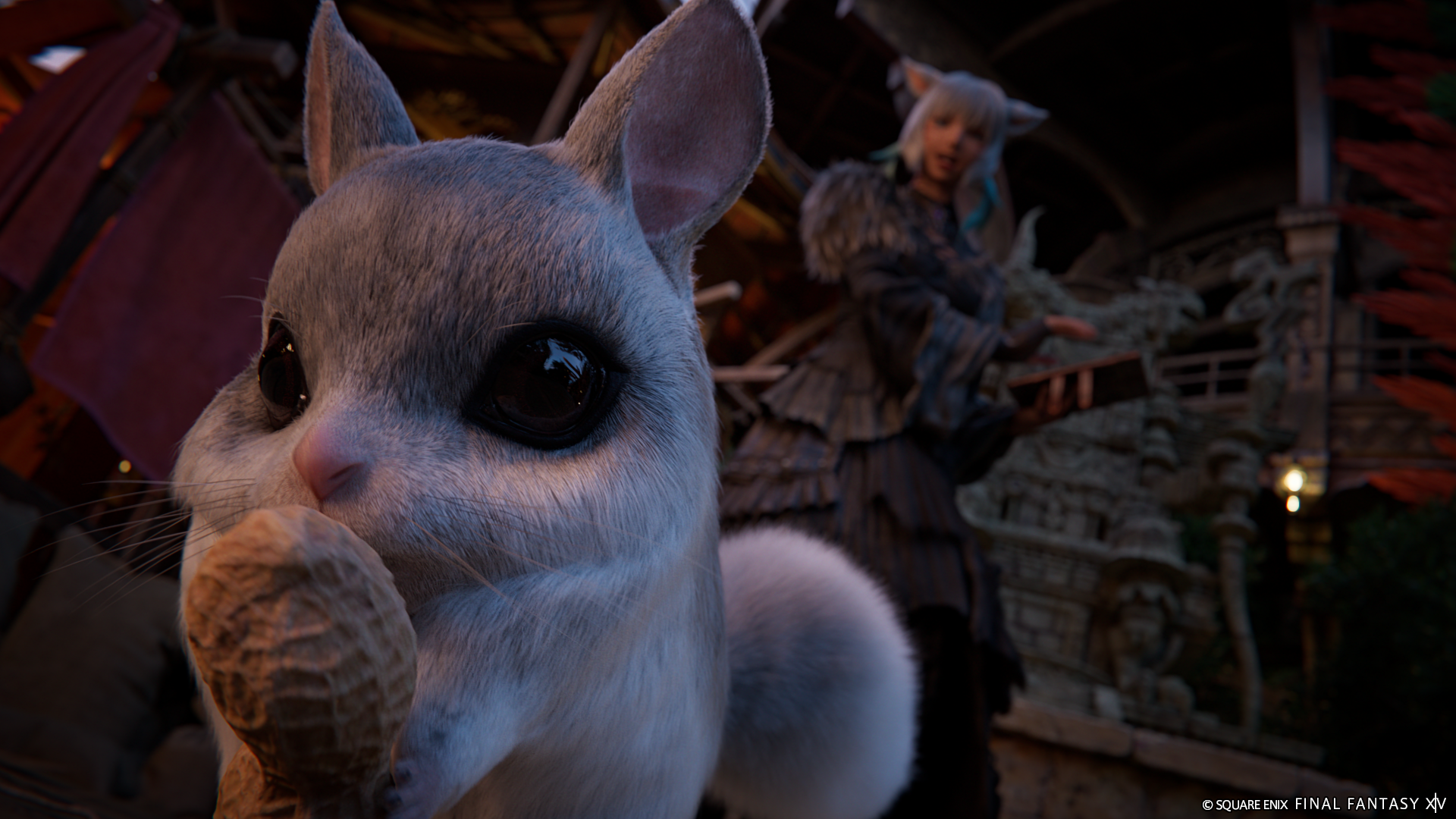 Adorable squirrel-like creature enjoying an ice cream in Final Fantasy XIV: Dawntrail themed HD desktop wallpaper.