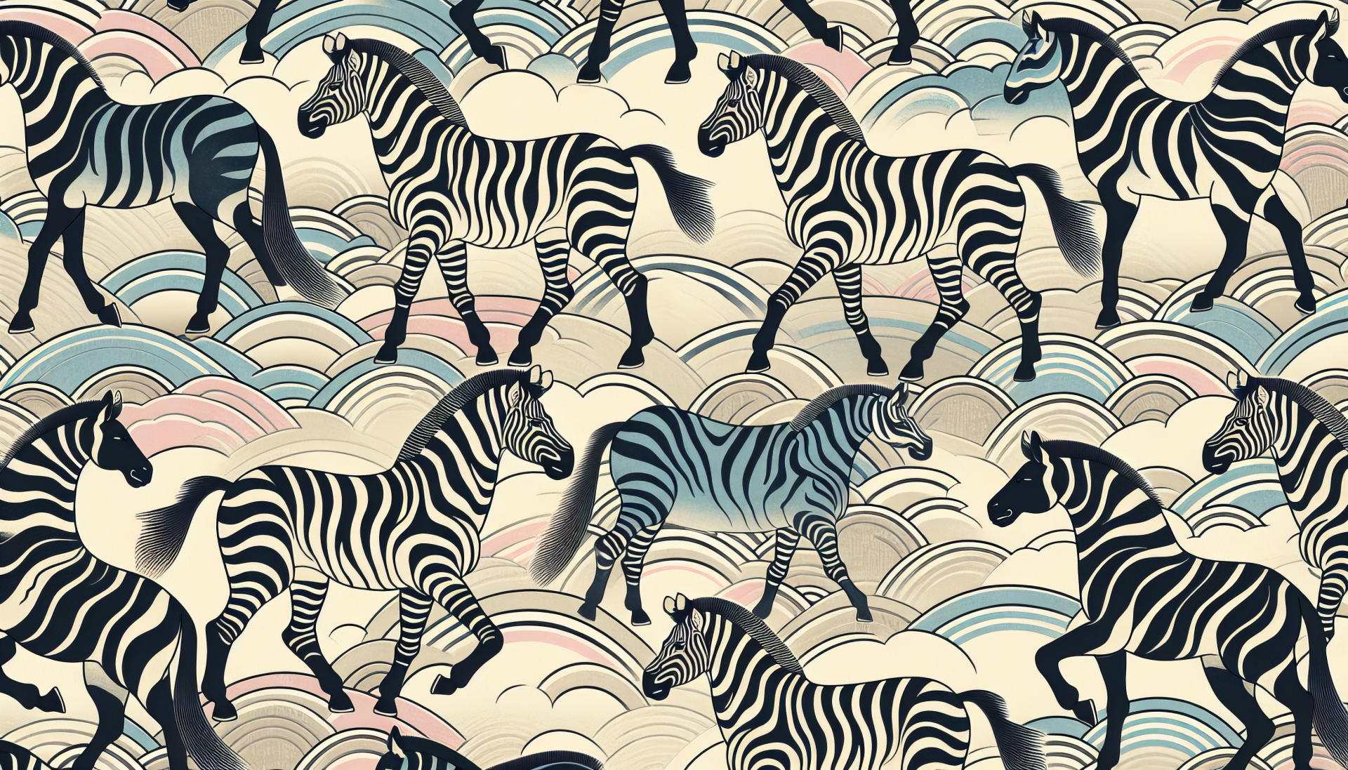 HD wallpaper featuring a pattern of zebras among stylized waves, creating a playful and artistic desktop background.