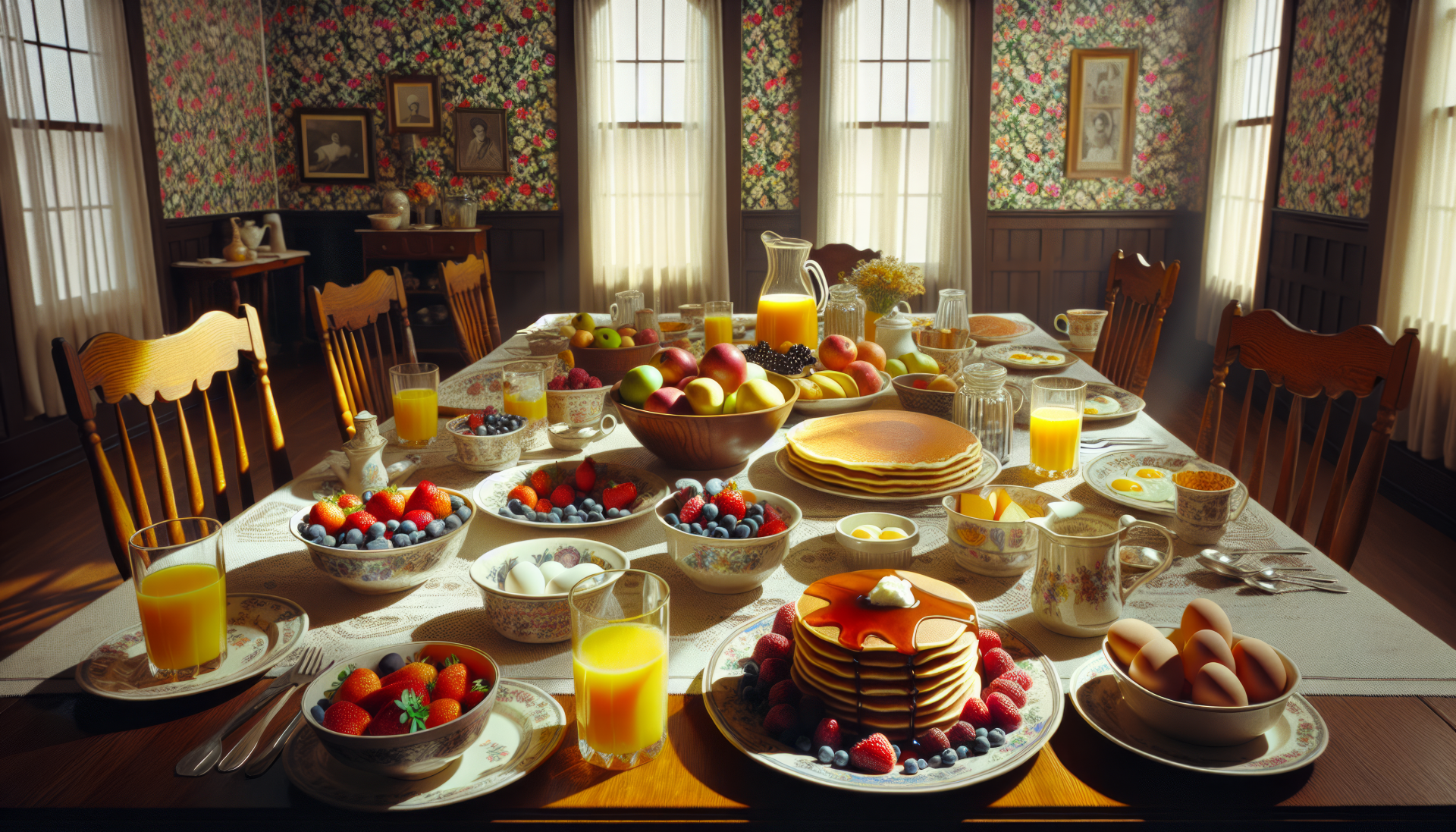 HD desktop wallpaper of a cozy breakfast setting with a hearty spread of pancakes, fresh fruit, orange juice, and eggs, with morning sunlight streaming through the window.