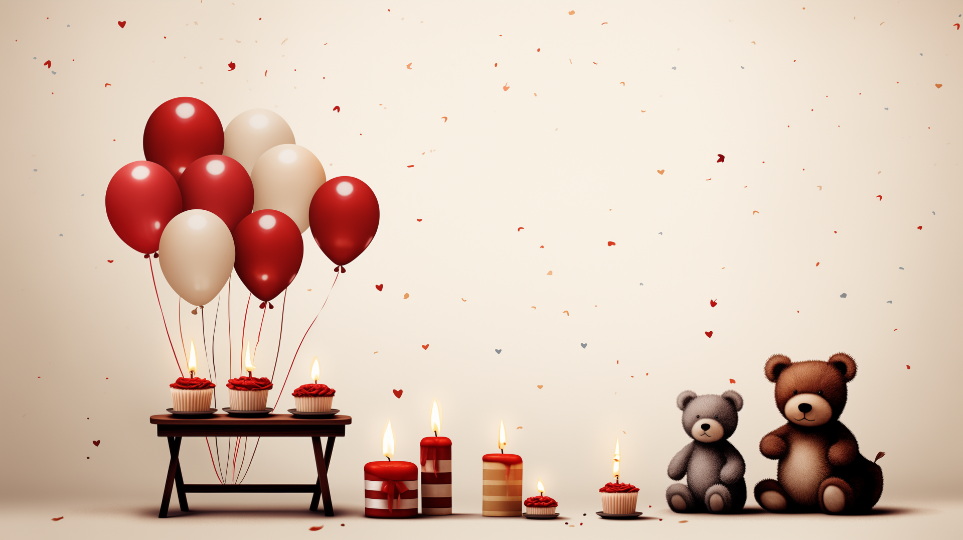 HD Birthday Wallpaper featuring red and white balloons, teddy bears, cupcakes, and lit candles with a festive confetti background.