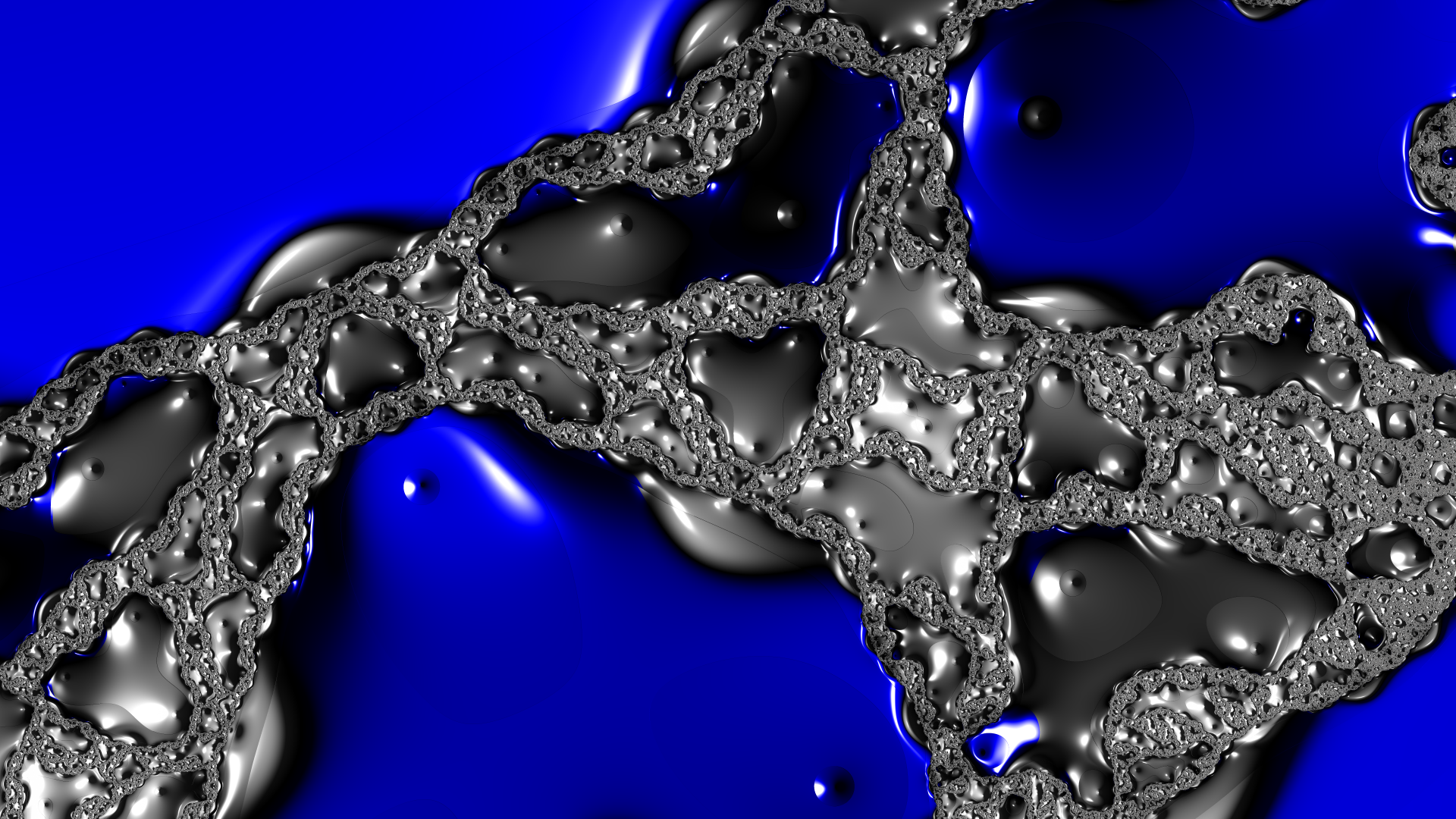 Trippy psychedelic aesthetic abstract fractal: metallic silver vein-like structures over deep electric blue, 8K Ultra HD PC desktop wallpaper background.
