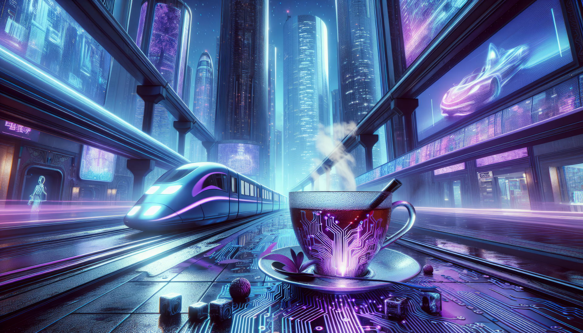 Futuristic cityscape HD wallpaper with a steaming cup of Earl Grey tea in the foreground and a sleek train passing through the neon-lit city.