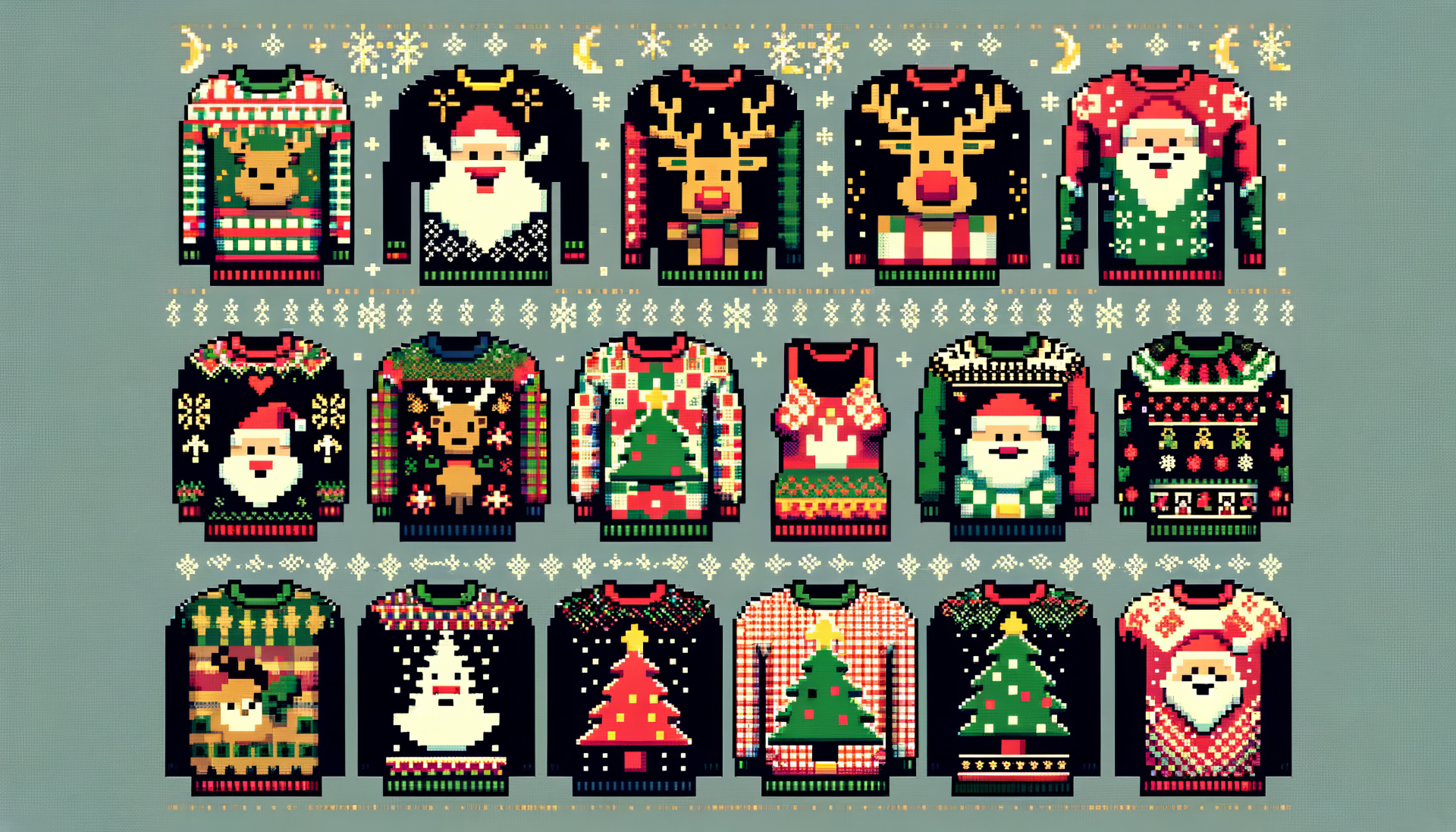 A vibrant collection of ugly sweaters featuring festive designs, including Santa, reindeer, and Christmas trees, designed as a colorful HD desktop wallpaper and background.