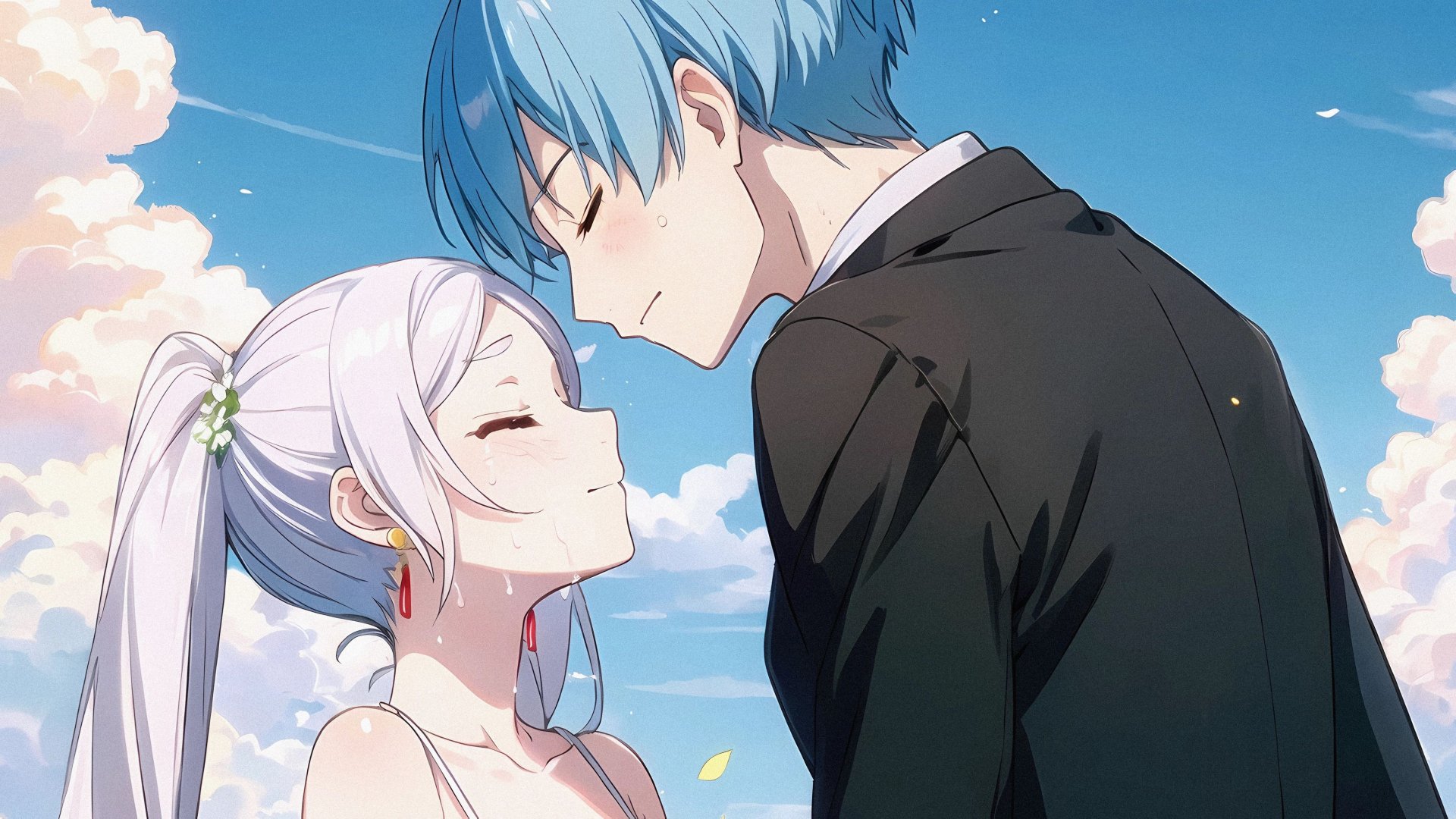 HD PC desktop wallpaper featuring Himmel and Frieren from the anime Frieren: Beyond Journey's End sharing a tender moment under a bright blue sky.