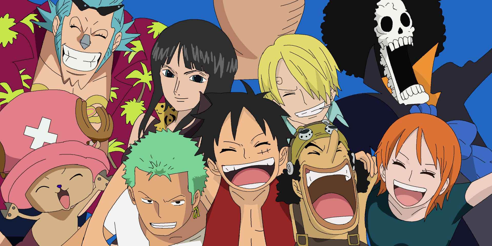 HD desktop wallpaper featuring Monkey D. Luffy, Roronoa Zoro, Nami, Usopp, Sanji, and other One Piece characters in vibrant anime style.