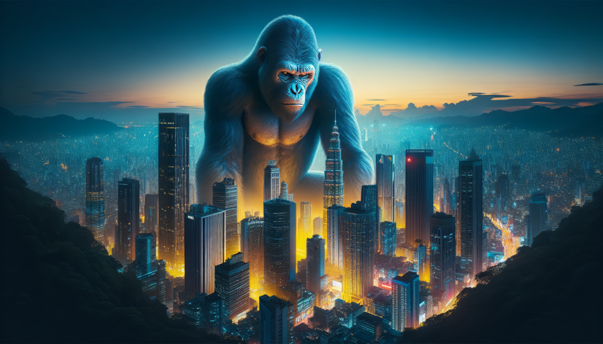 A striking HD desktop wallpaper featuring King Kong towering over a vibrant cityscape at dusk, with illuminated skyscrapers and dramatic lighting.