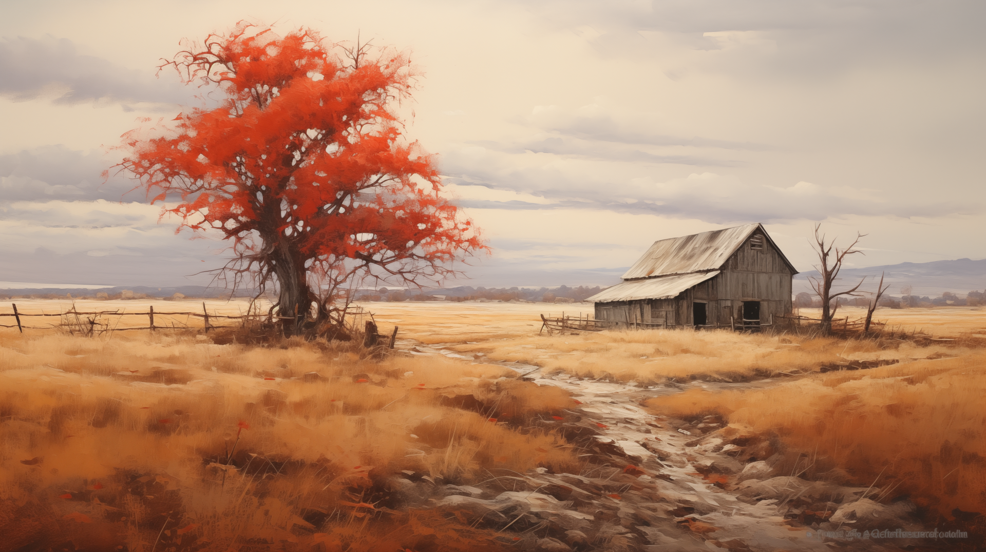 HD desktop wallpaper of an idyllic rustic scene with an old barn beside a vibrant red tree in an autumn field.