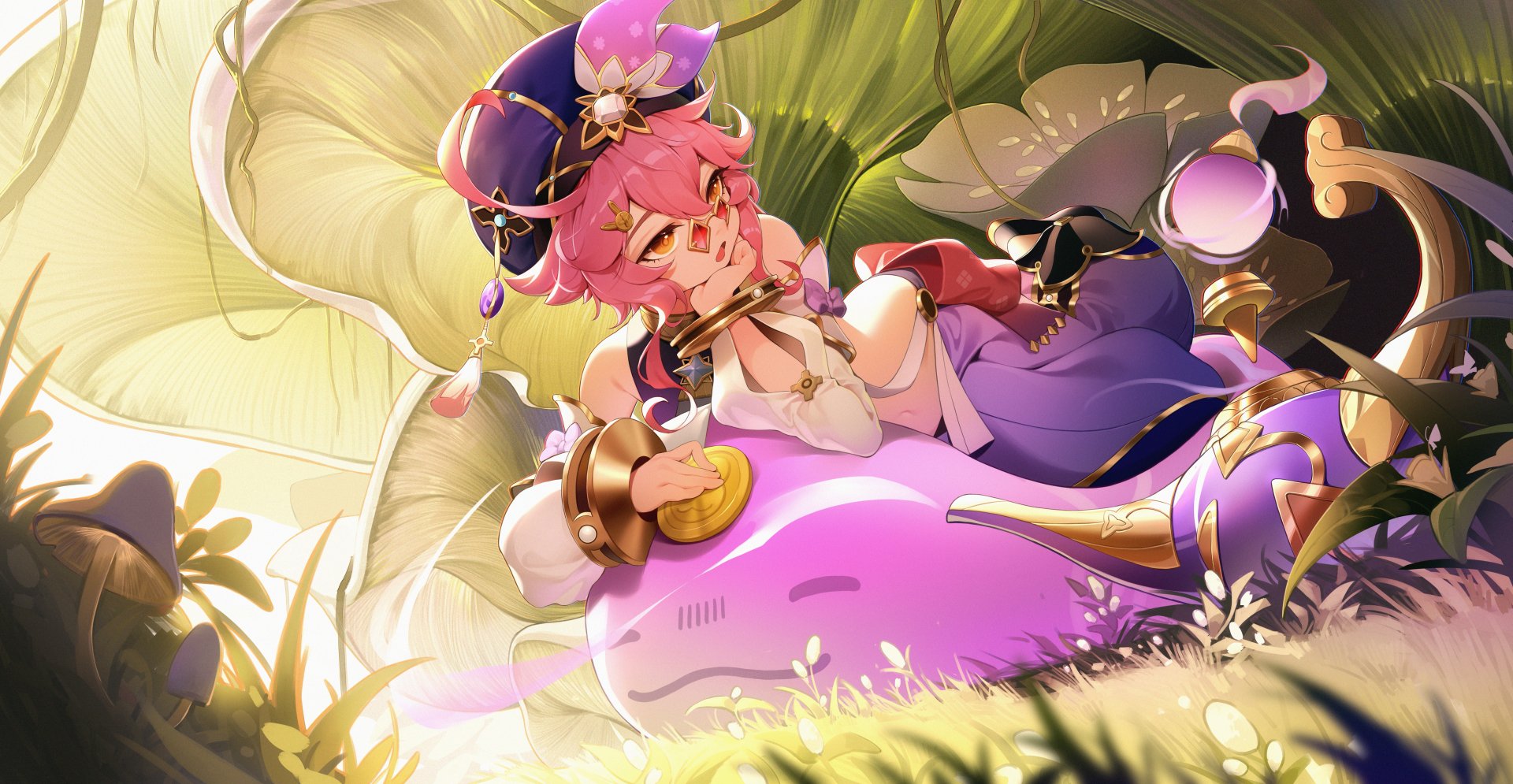 Dori from Genshin Impact lounges on a glowing lotus leaf in this vibrant 4K Ultra HD PC desktop wallpaper, blending fantasy and charm from the popular video game.