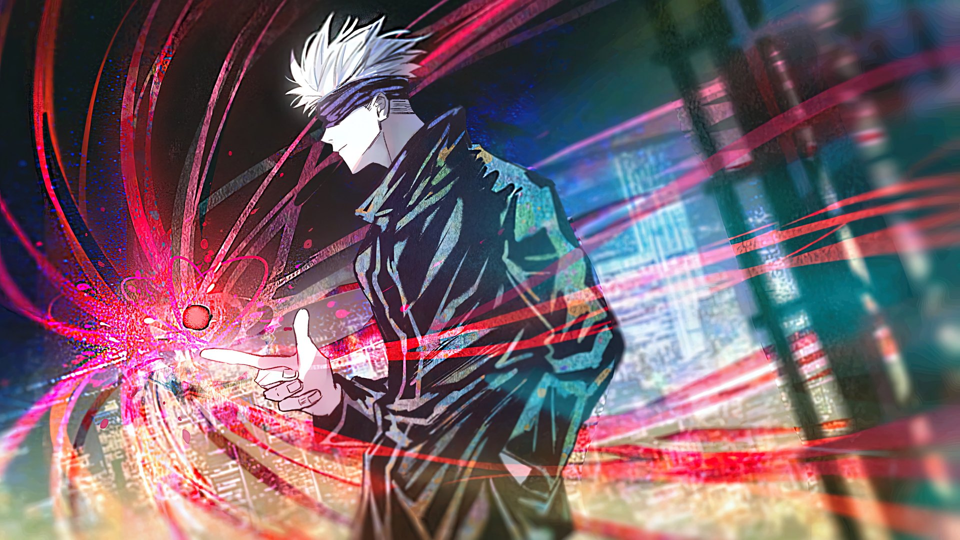 HD desktop wallpaper featuring Satoru Gojo from Jujutsu Kaisen, showcasing dynamic magical abilities with vibrant visual effects.