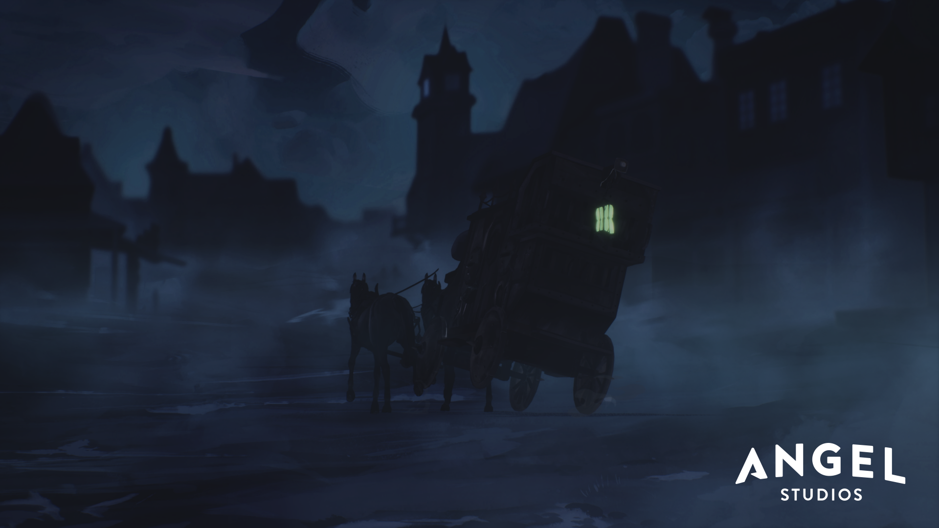 HD wallpaper of a mysterious horse-drawn carriage at night, inspired by The Wingfeather Saga, presented by Angel Studios.