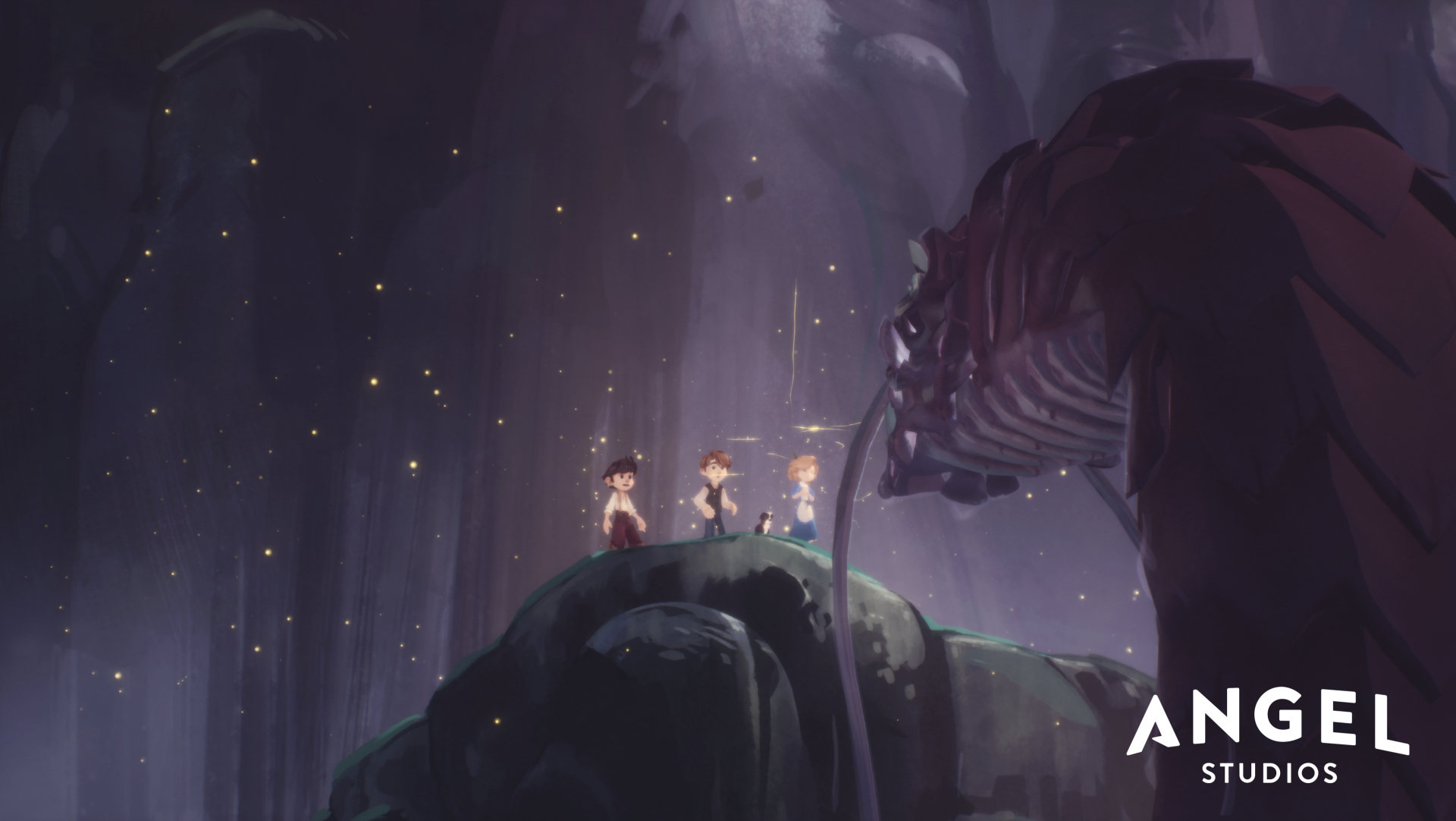 A captivating HD wallpaper from The Wingfeather Saga, featuring three characters standing on a rock, facing a dragon in a mystical forest filled with stars.